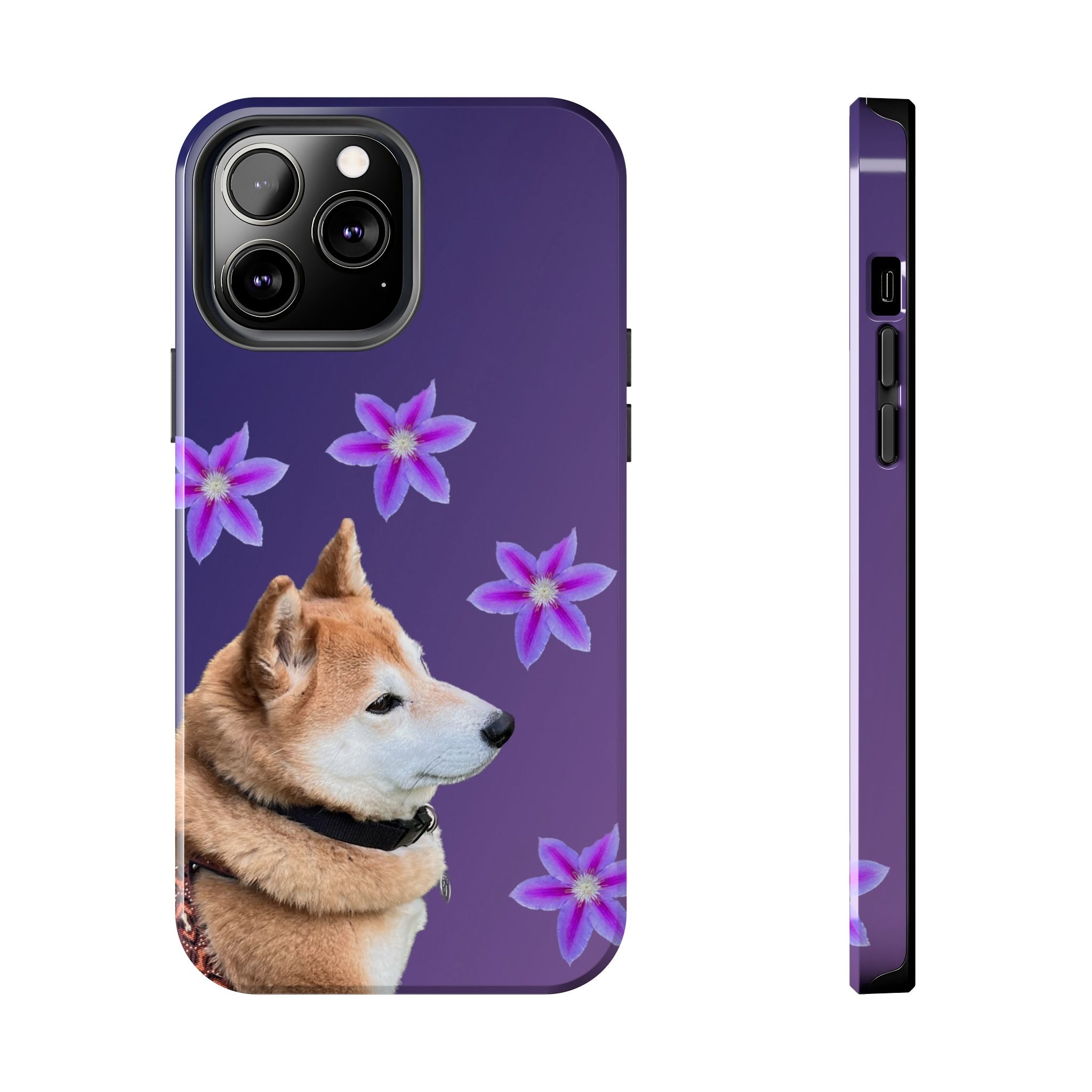 Shiba Inu Floral Tough Phone Case — Purple Dog Phone Cover with Pink Flowers
