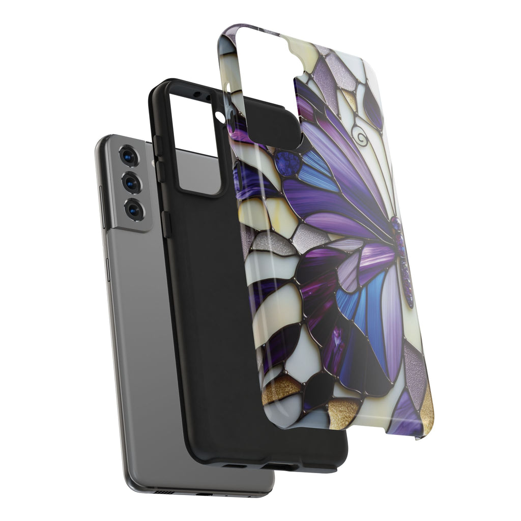 Purple Stained Glass Butterfly Tough Phone Case — Impact-Resistant Floral Phone Cover