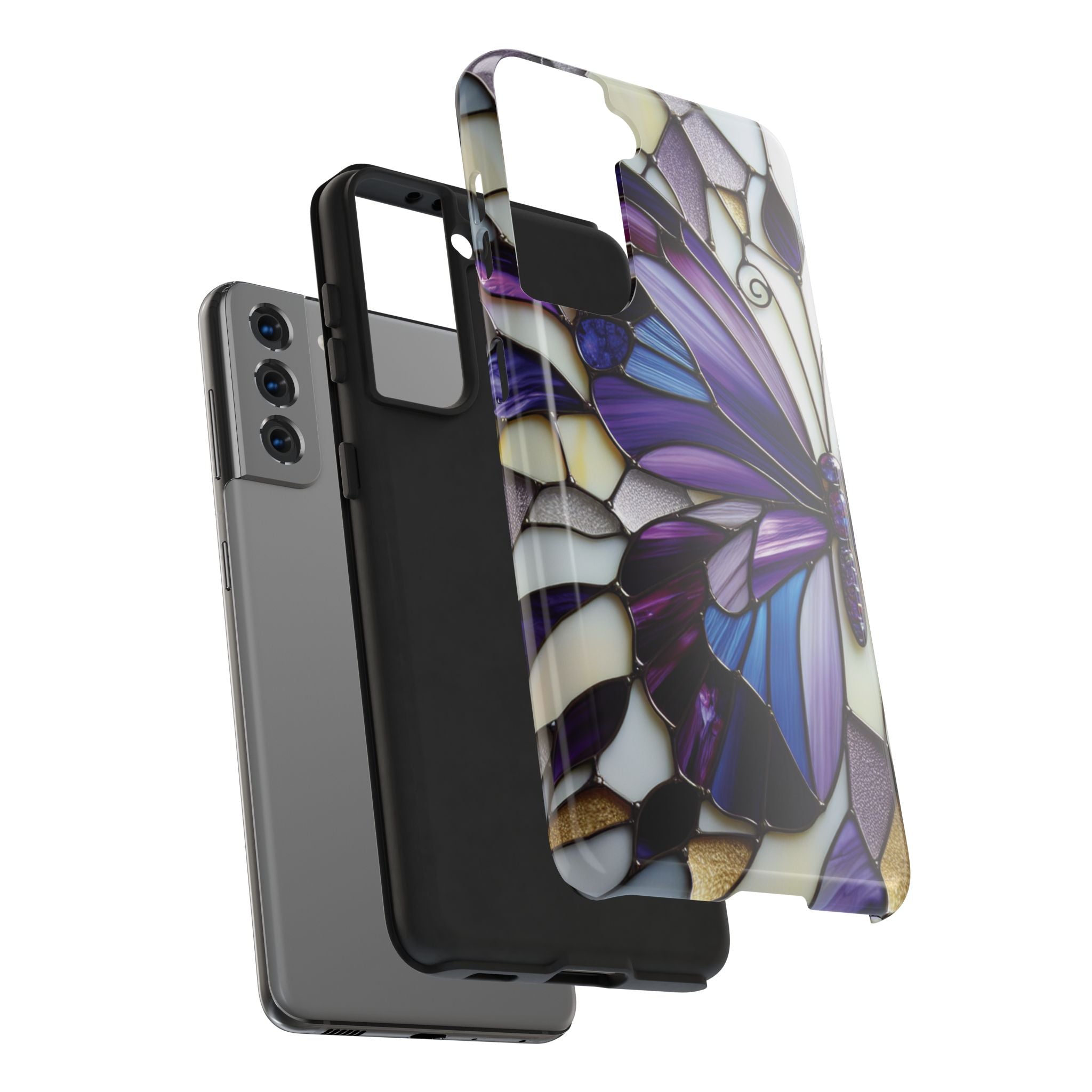 Purple Stained Glass Butterfly Tough Phone Case — Impact-Resistant Floral Phone Cover