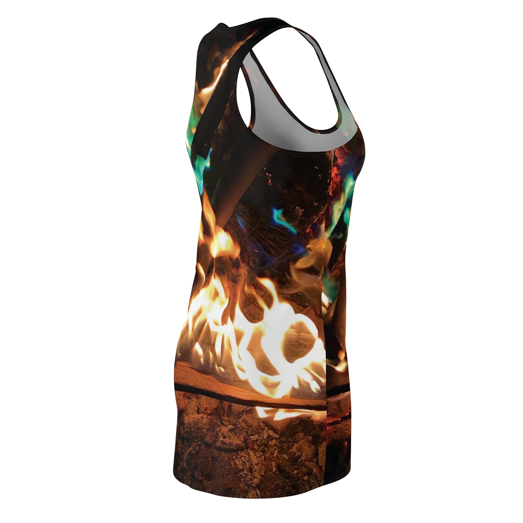 Flame Dance Racerback Dress — All-Over Print Fire & Teal Flame Bodycon