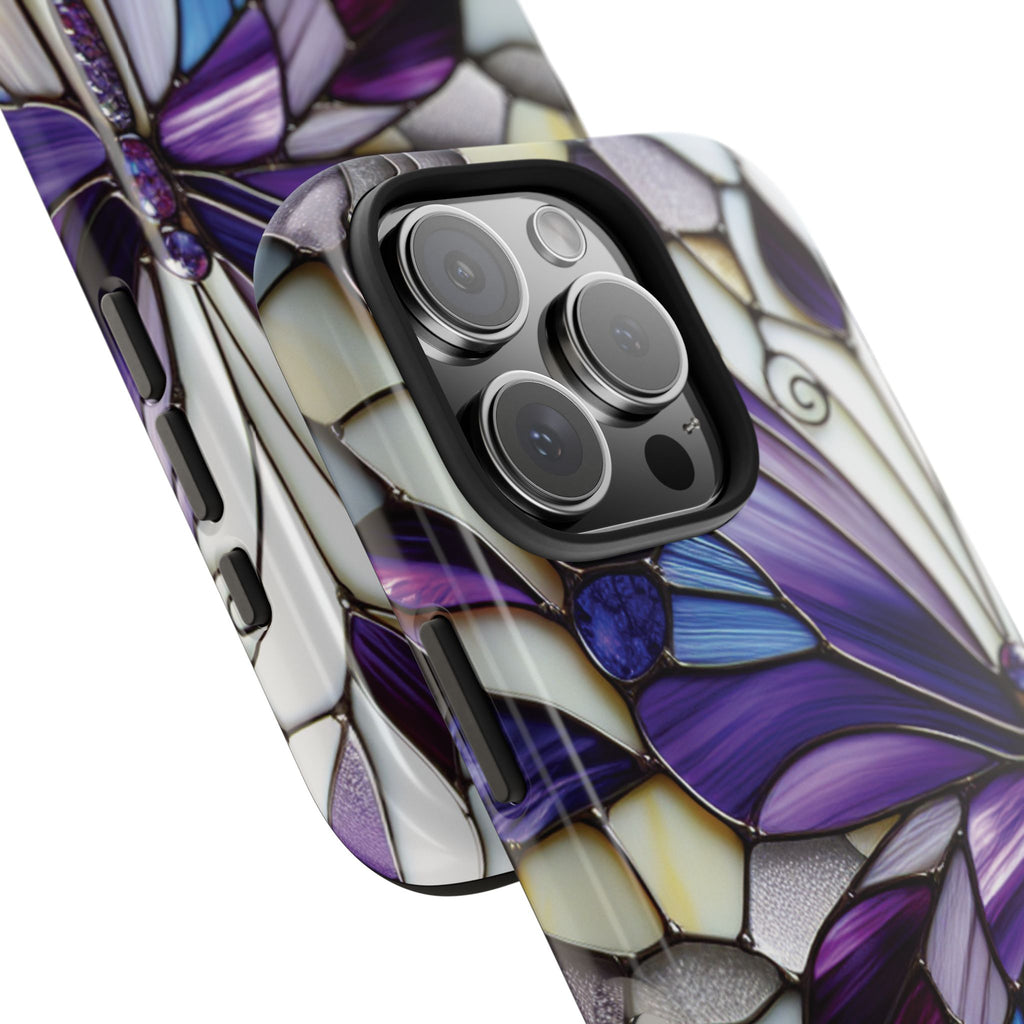 Purple Stained Glass Butterfly Tough Phone Case — Impact-Resistant Floral Phone Cover