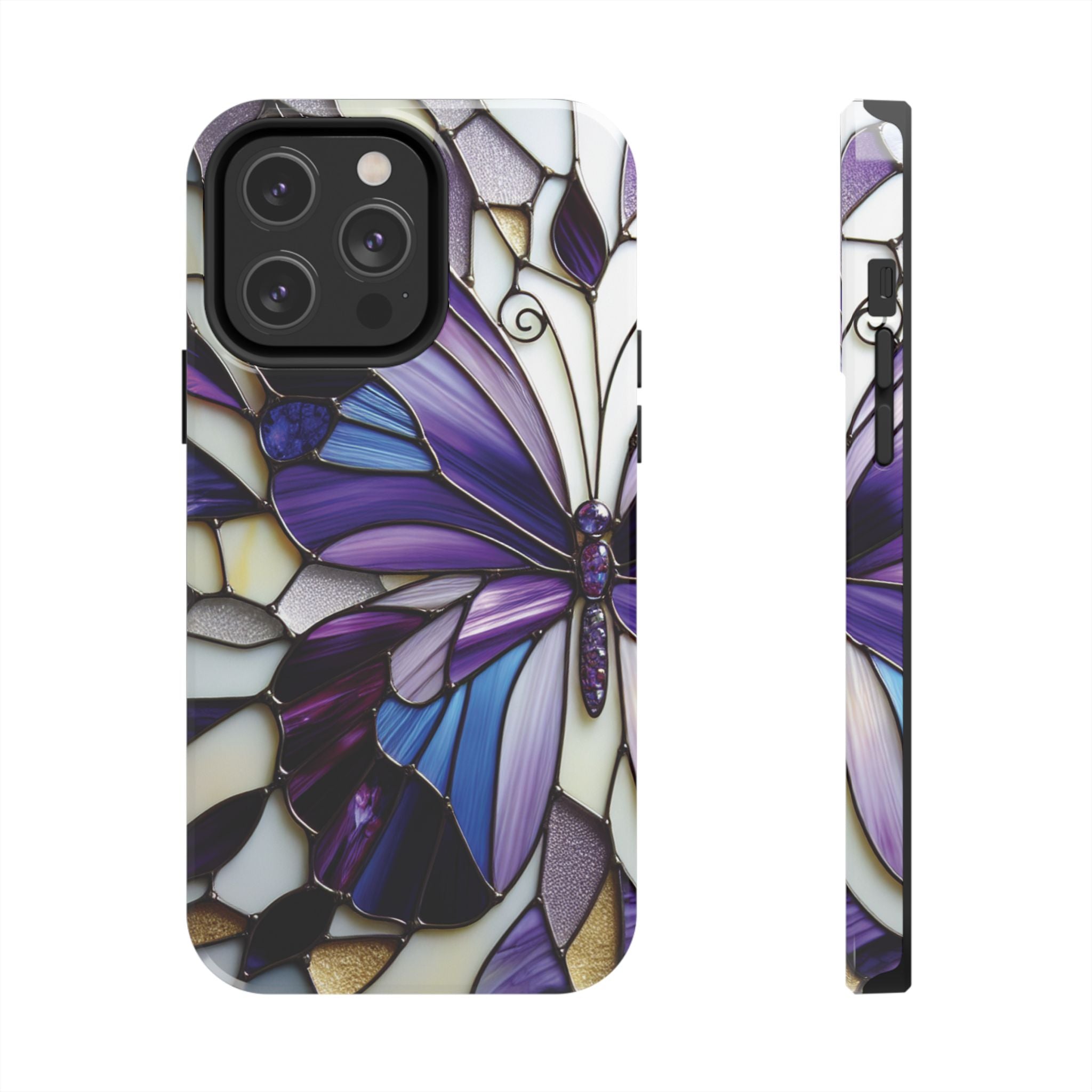 Purple Stained Glass Butterfly Tough Phone Case — Impact-Resistant Floral Phone Cover