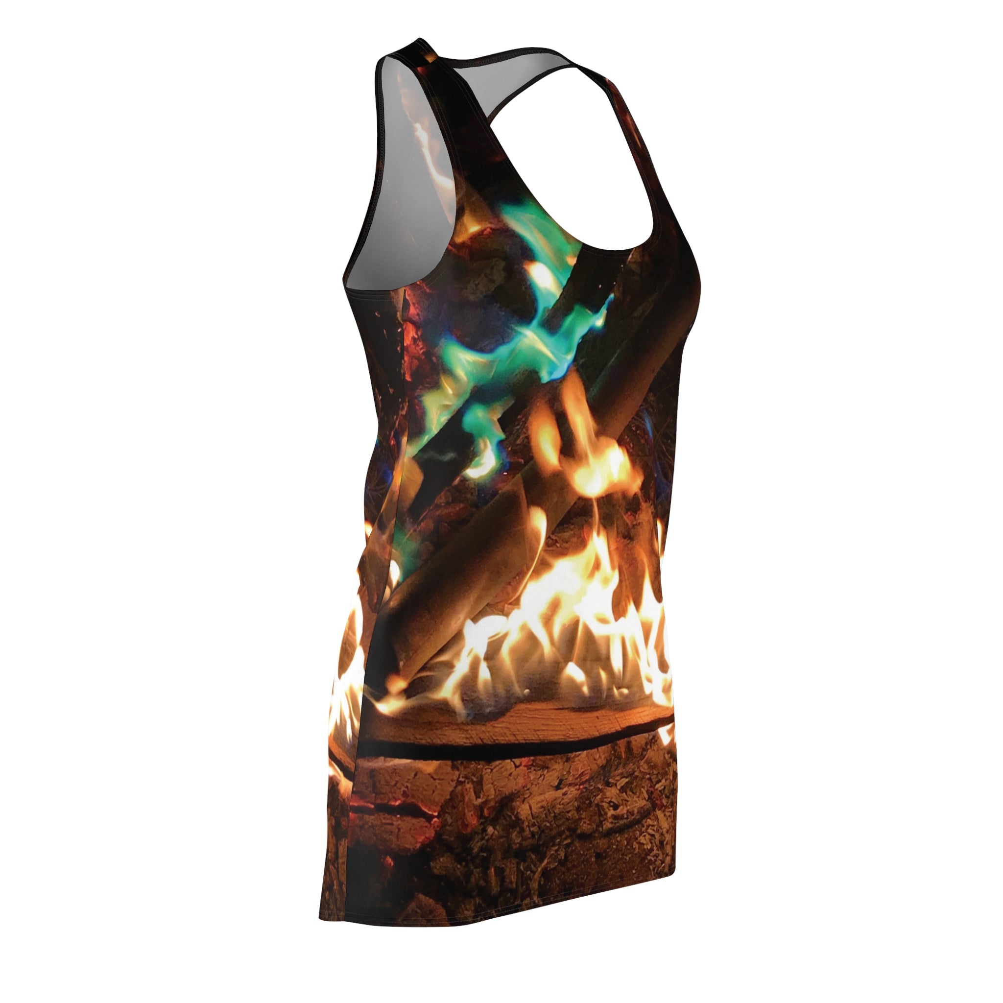 Flame Dance Racerback Dress — All-Over Print Fire & Teal Flame Bodycon