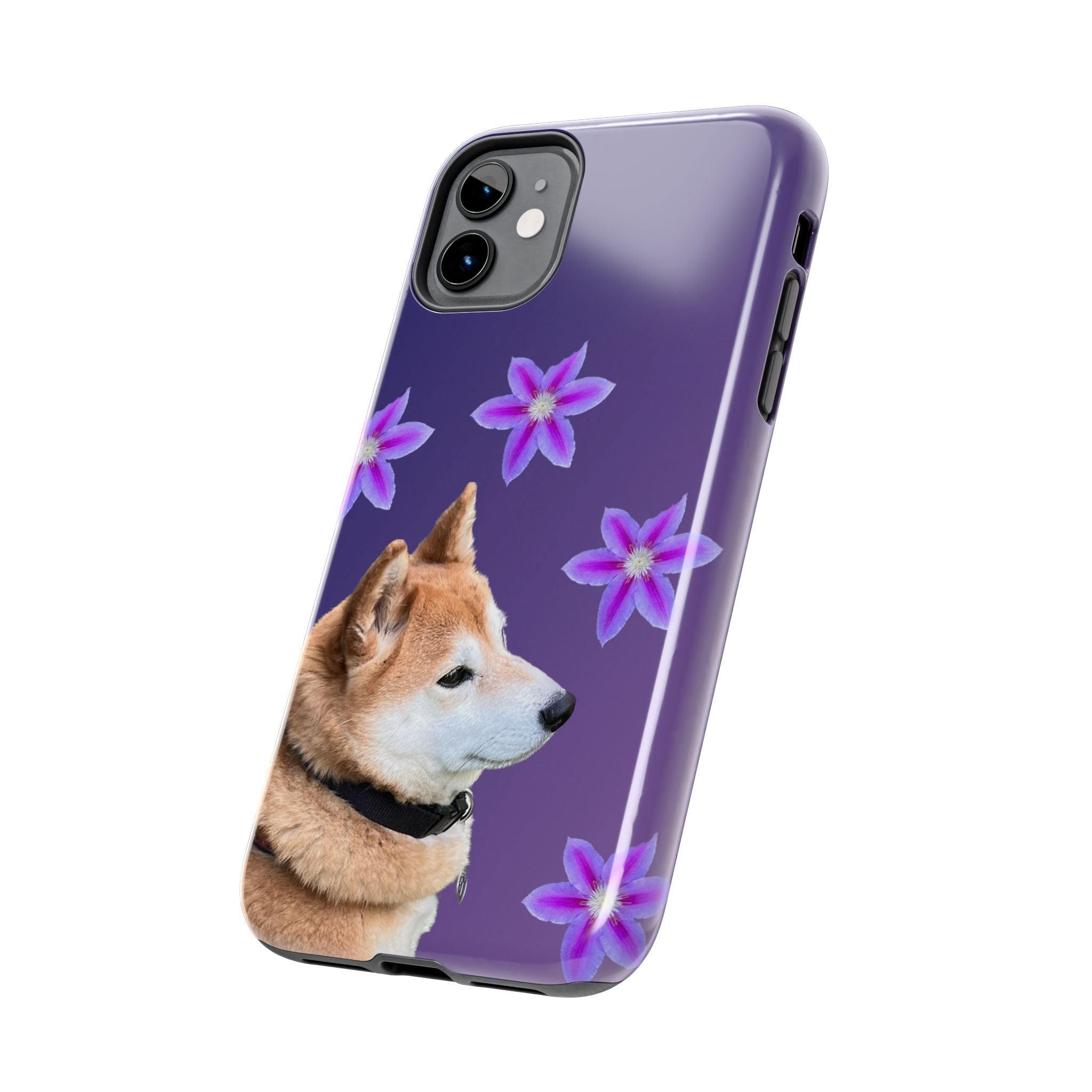 Shiba Inu Floral Tough Phone Case — Purple Dog Phone Cover with Pink Flowers