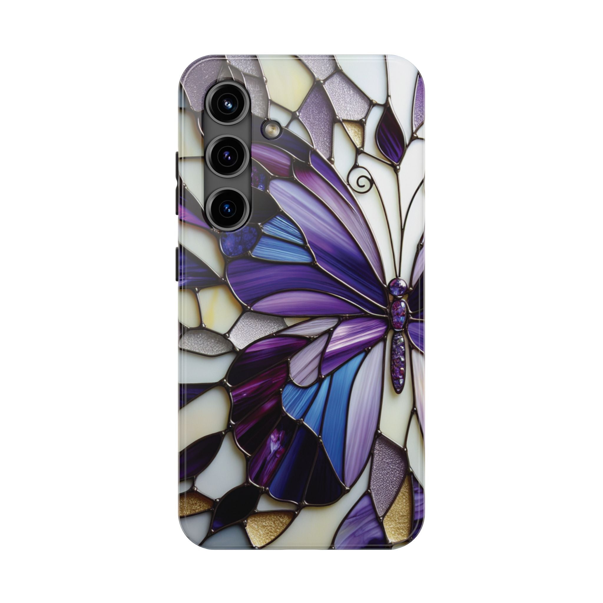 Purple Stained Glass Butterfly Tough Phone Case — Impact-Resistant Floral Phone Cover