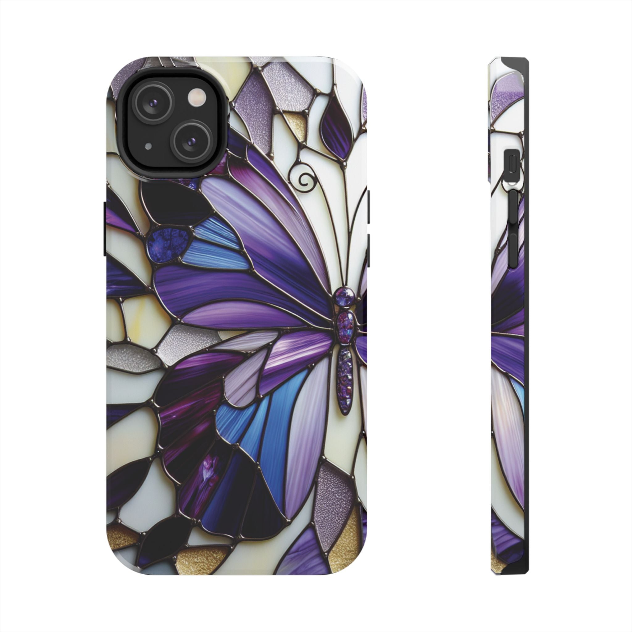 Purple Stained Glass Butterfly Tough Phone Case — Impact-Resistant Floral Phone Cover