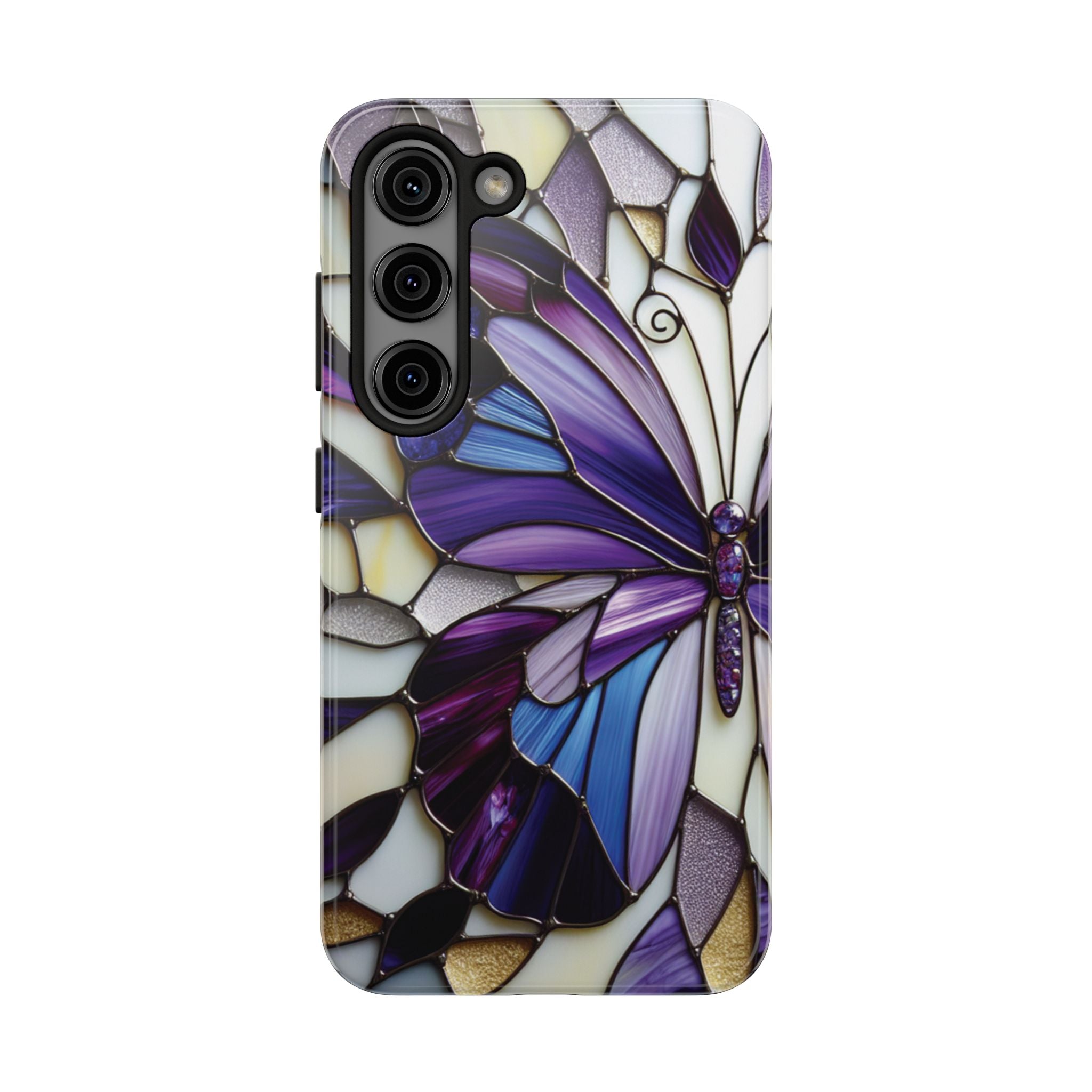 Purple Stained Glass Butterfly Tough Phone Case — Impact-Resistant Floral Phone Cover