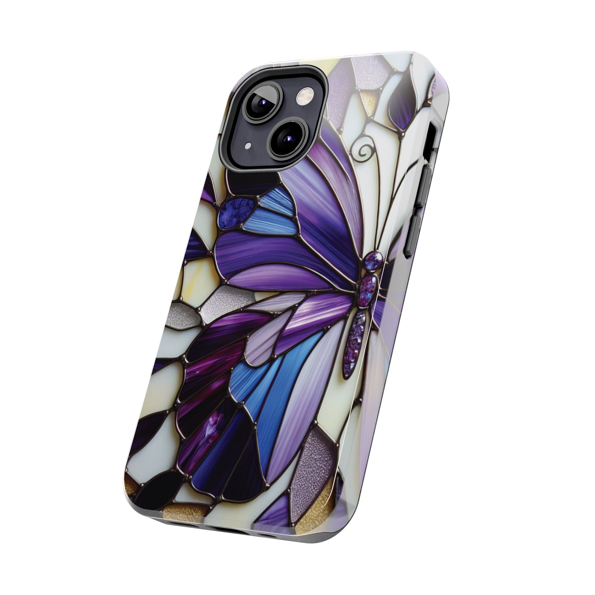 Purple Stained Glass Butterfly Tough Phone Case — Impact-Resistant Floral Phone Cover