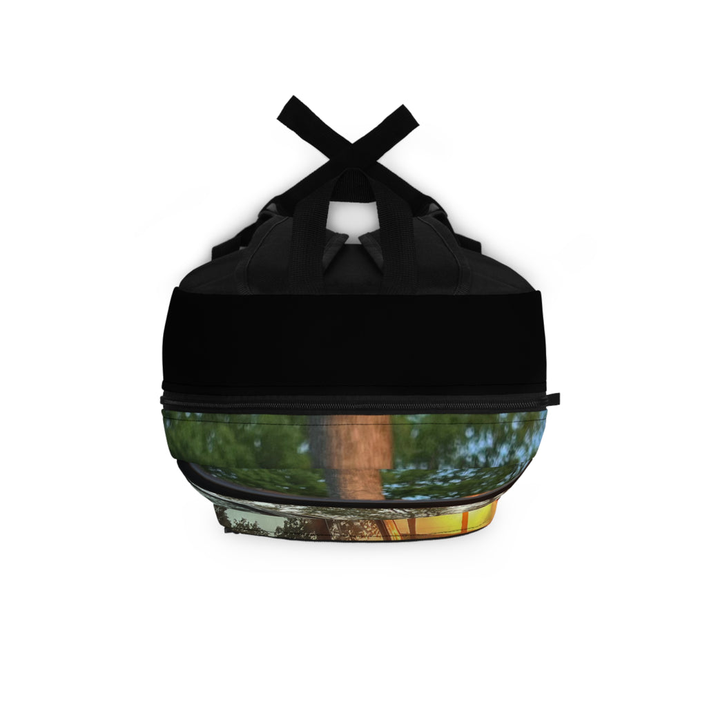 Sunset Rearview Backpack — Scenic Car Mirror Reflection Travel Bag