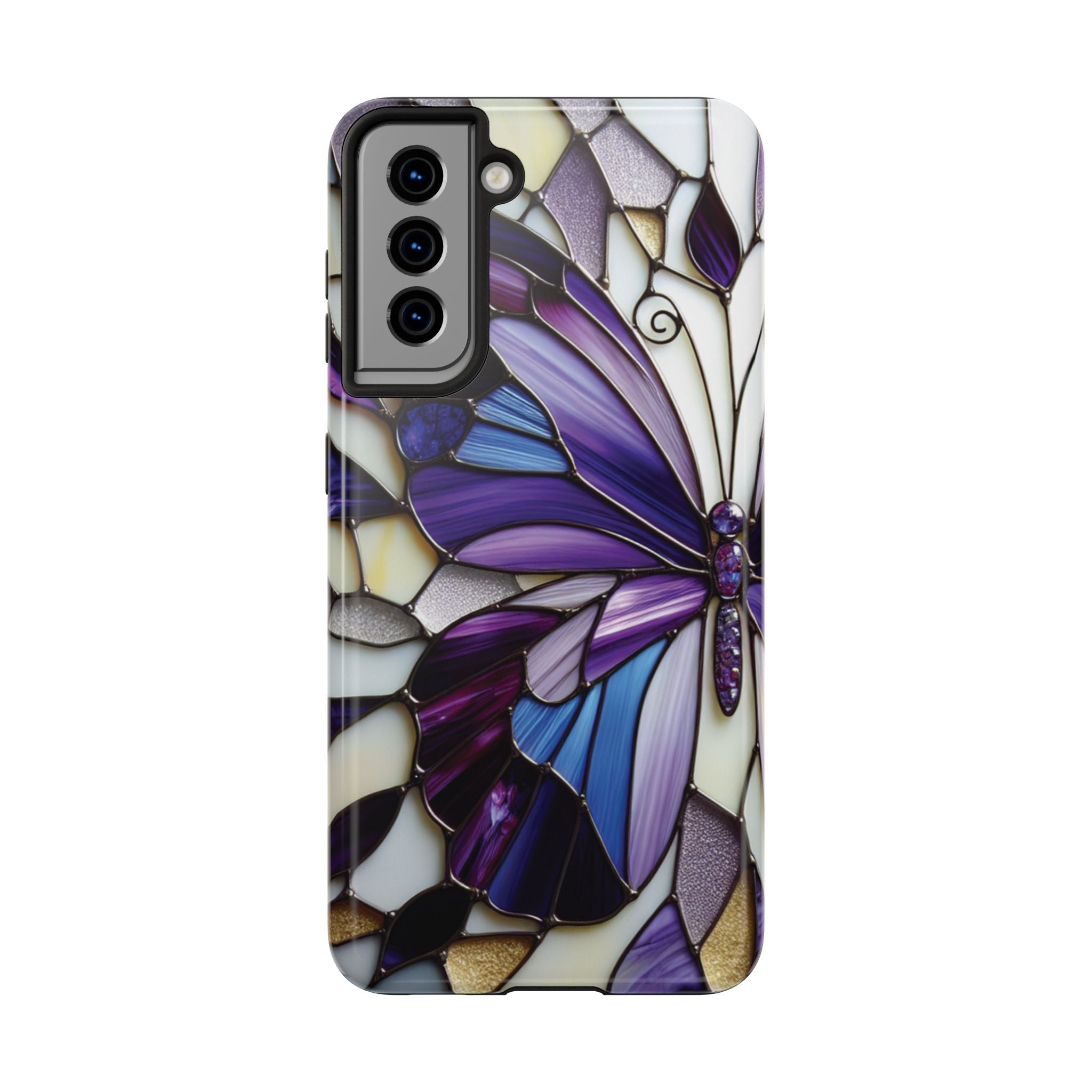 Purple Stained Glass Butterfly Tough Phone Case — Impact-Resistant Floral Phone Cover