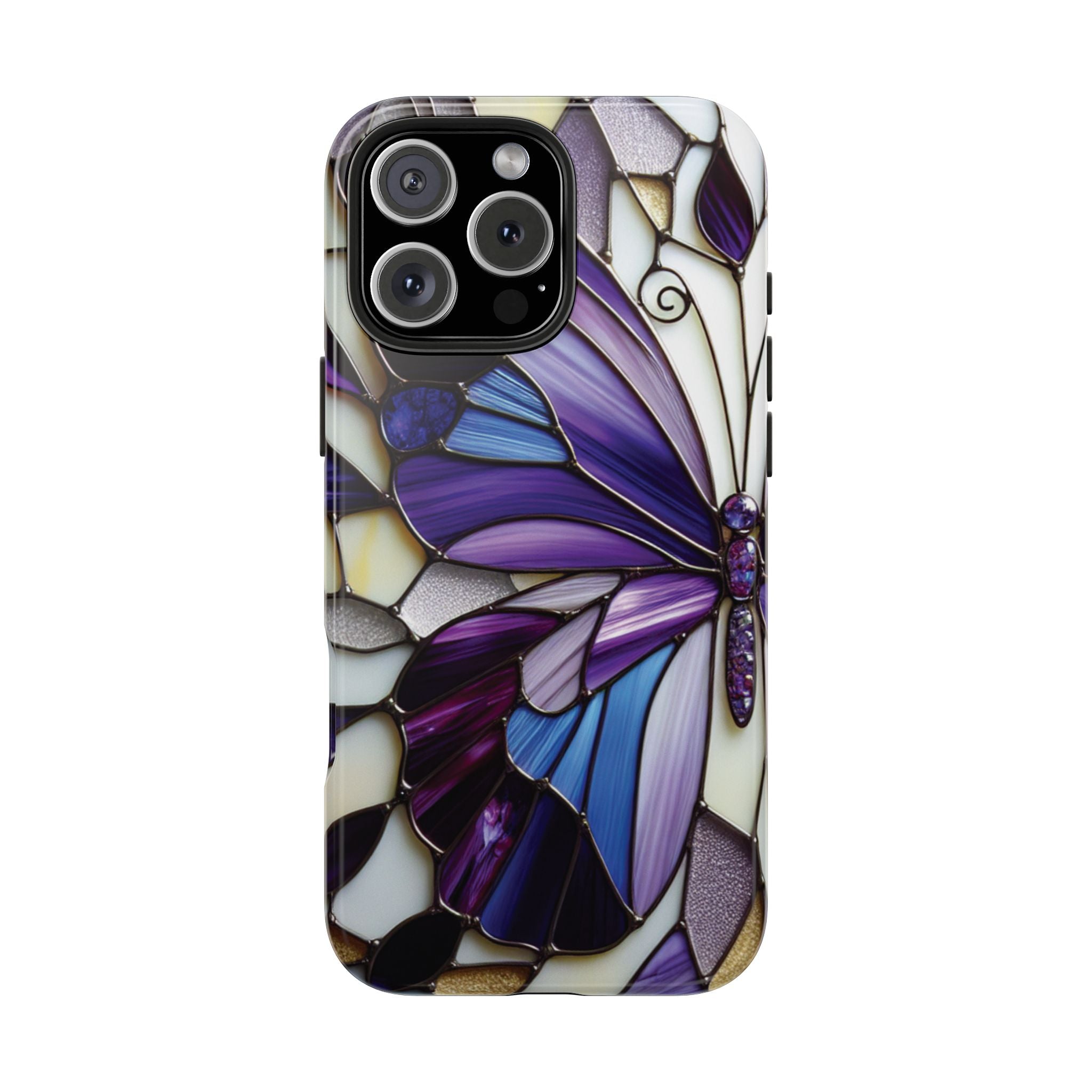 Purple Stained Glass Butterfly Tough Phone Case — Impact-Resistant Floral Phone Cover