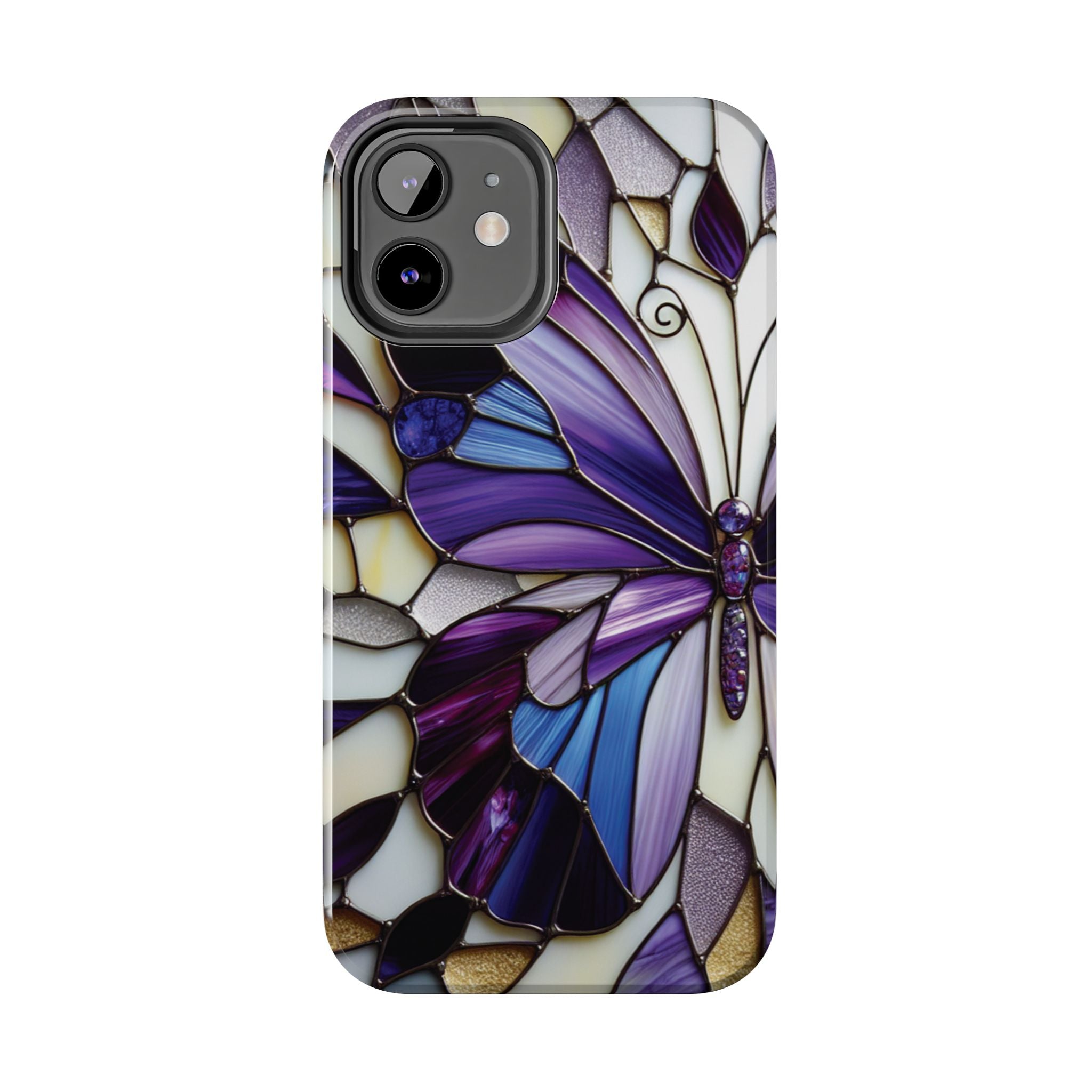 Purple Stained Glass Butterfly Tough Phone Case — Impact-Resistant Floral Phone Cover