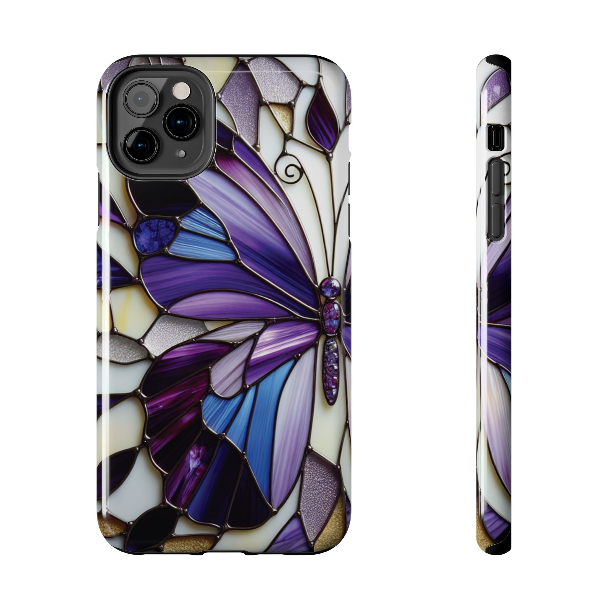 Purple Stained Glass Butterfly Tough Phone Case — Impact-Resistant Floral Phone Cover