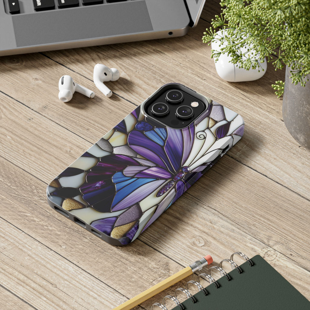 Purple Stained Glass Butterfly Tough Phone Case — Impact-Resistant Floral Phone Cover