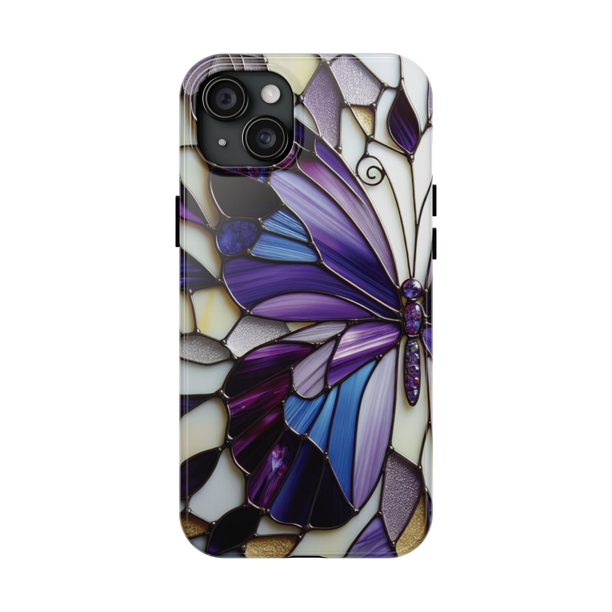 Purple Stained Glass Butterfly Tough Phone Case — Impact-Resistant Floral Phone Cover