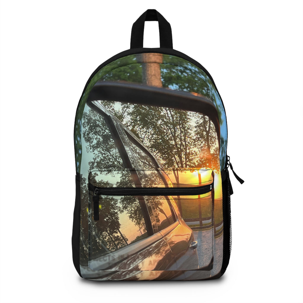 Sunset Rearview Backpack — Scenic Car Mirror Reflection Travel Bag