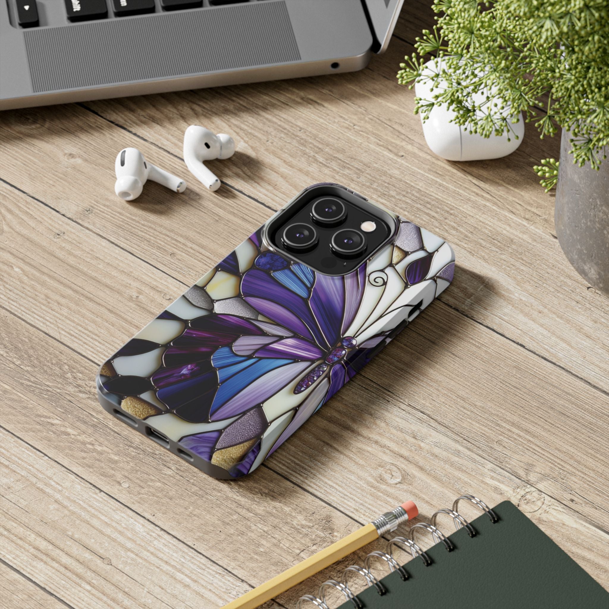 Purple Stained Glass Butterfly Tough Phone Case — Impact-Resistant Floral Phone Cover