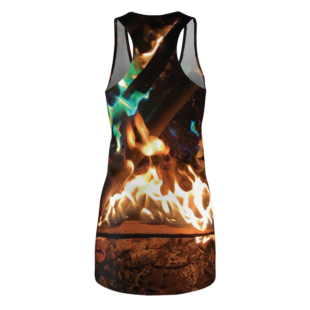 Flame Dance Racerback Dress — All-Over Print Fire & Teal Flame Bodycon