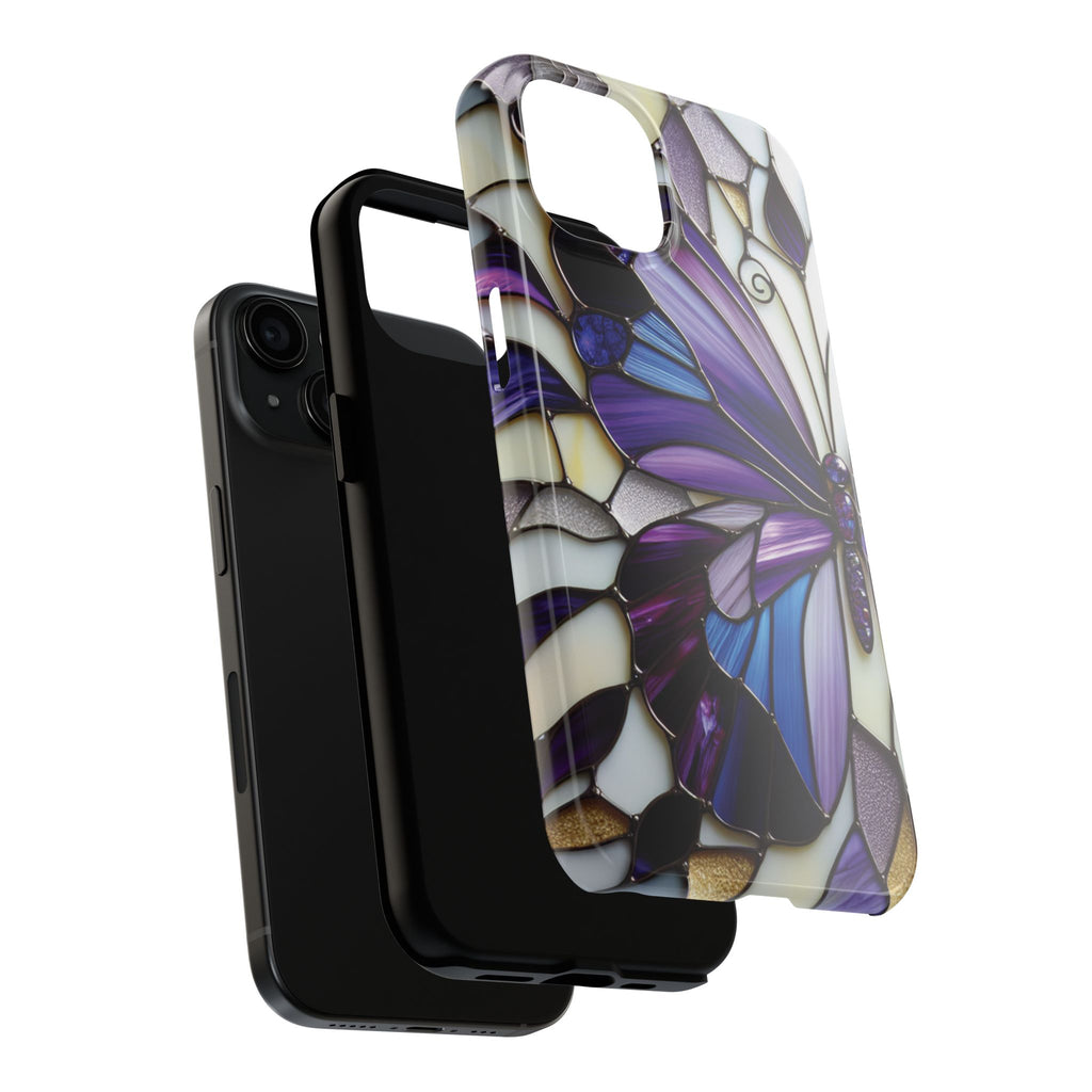 Purple Stained Glass Butterfly Tough Phone Case — Impact-Resistant Floral Phone Cover
