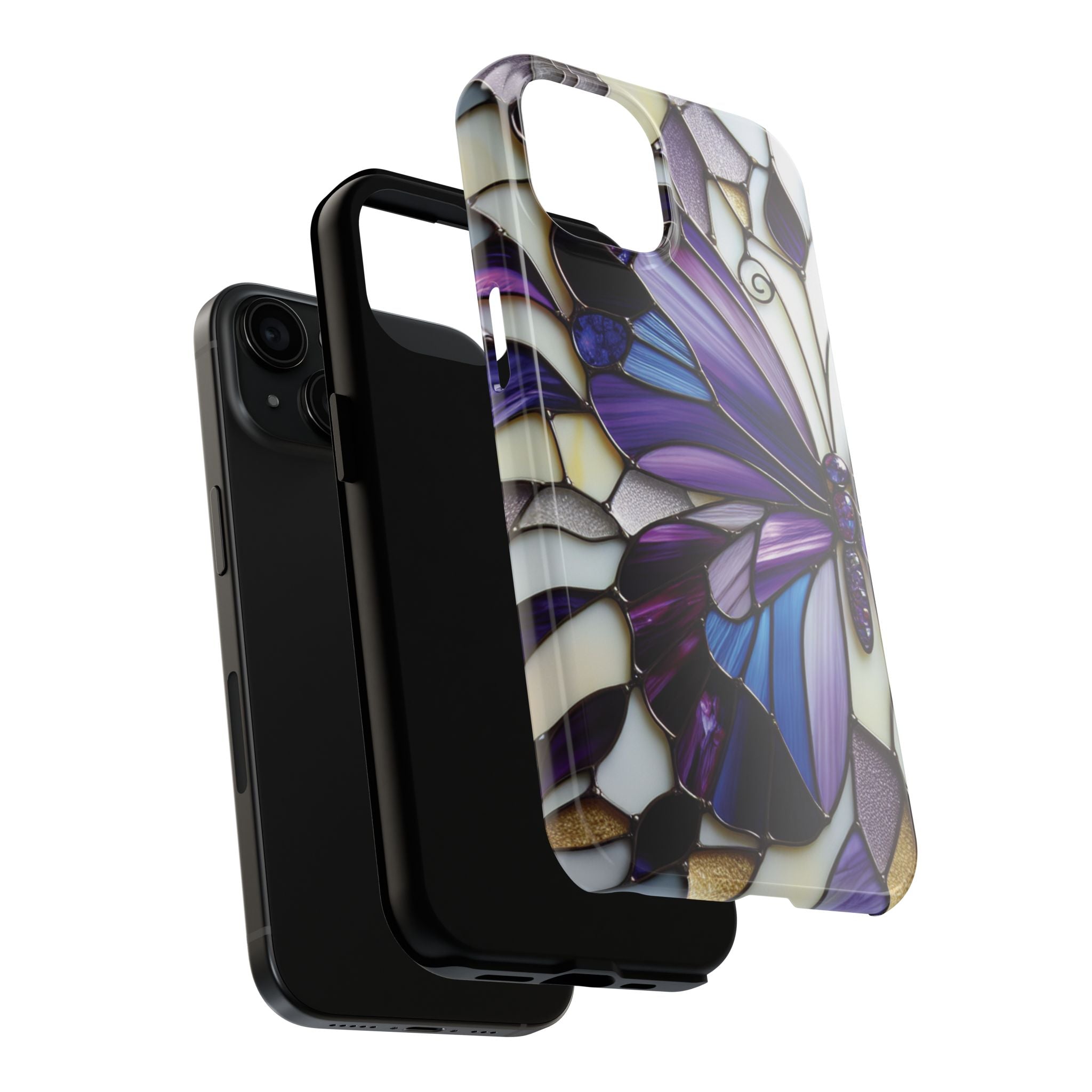 Purple Stained Glass Butterfly Tough Phone Case — Impact-Resistant Floral Phone Cover