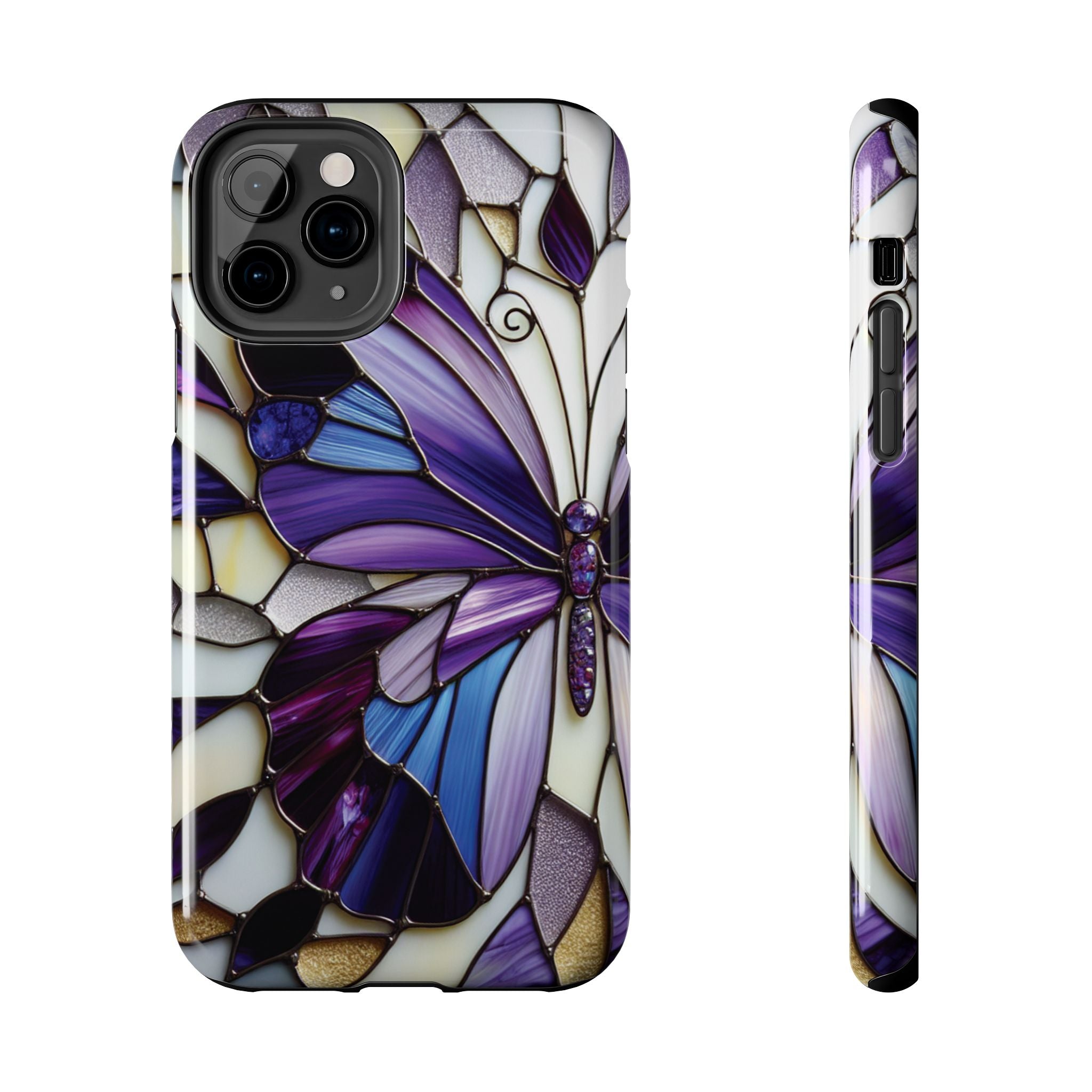 Purple Stained Glass Butterfly Tough Phone Case — Impact-Resistant Floral Phone Cover