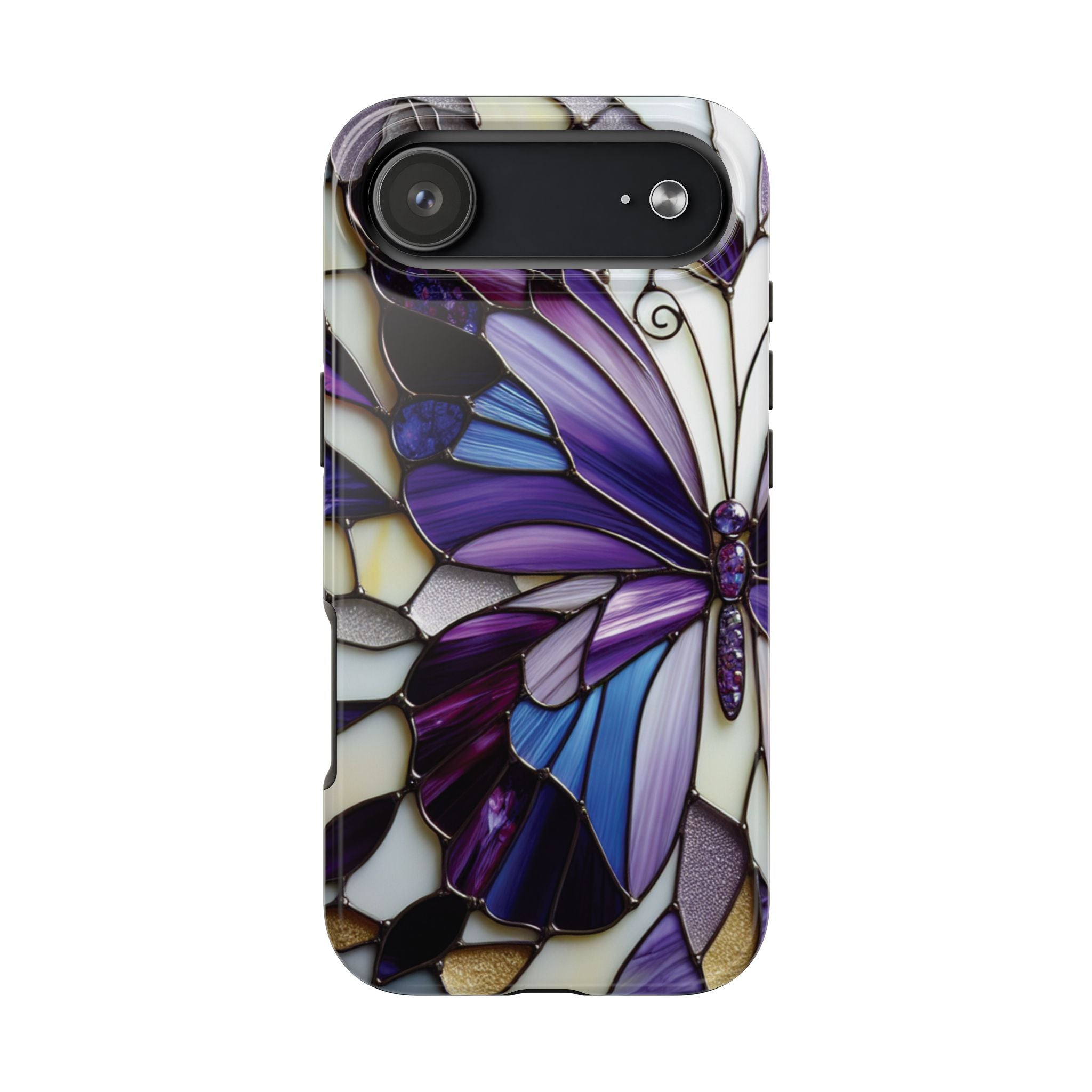 Purple Stained Glass Butterfly Tough Phone Case — Impact-Resistant Floral Phone Cover