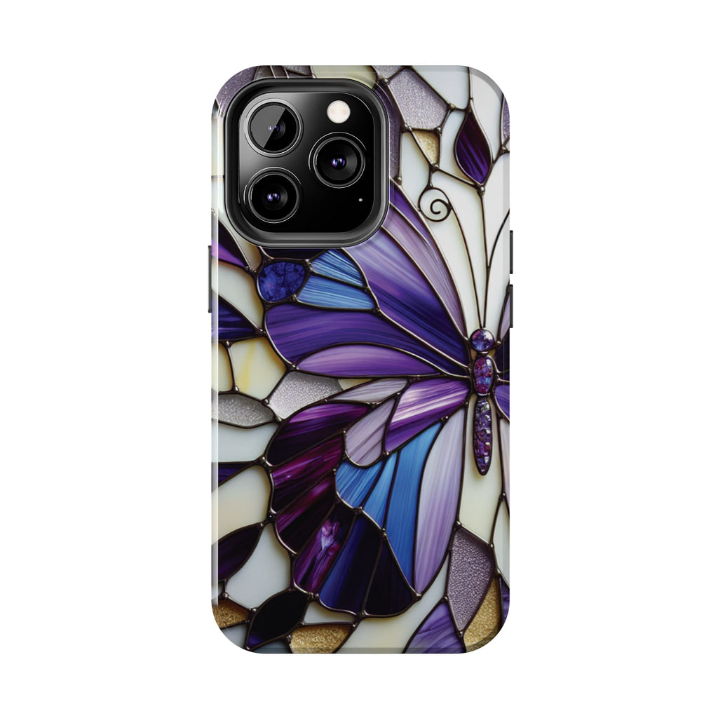 Purple Stained Glass Butterfly Tough Phone Case — Impact-Resistant Floral Phone Cover