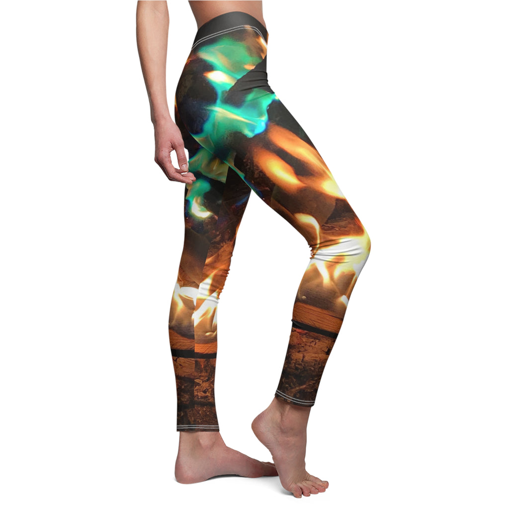 Flame Pattern Women's Leggings — Vibrant Fire & Teal Flame All-Over Print
