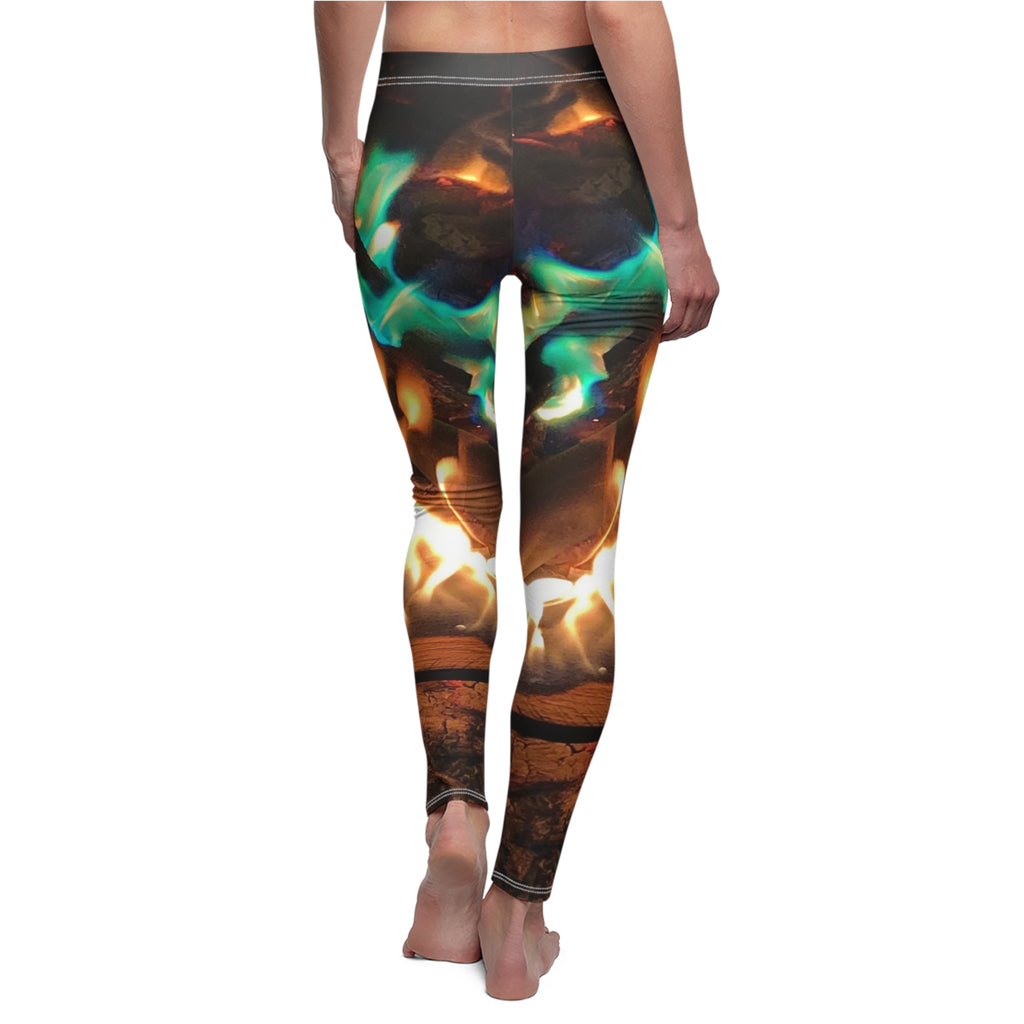 Flame Pattern Women's Leggings — Vibrant Fire & Teal Flame All-Over Print