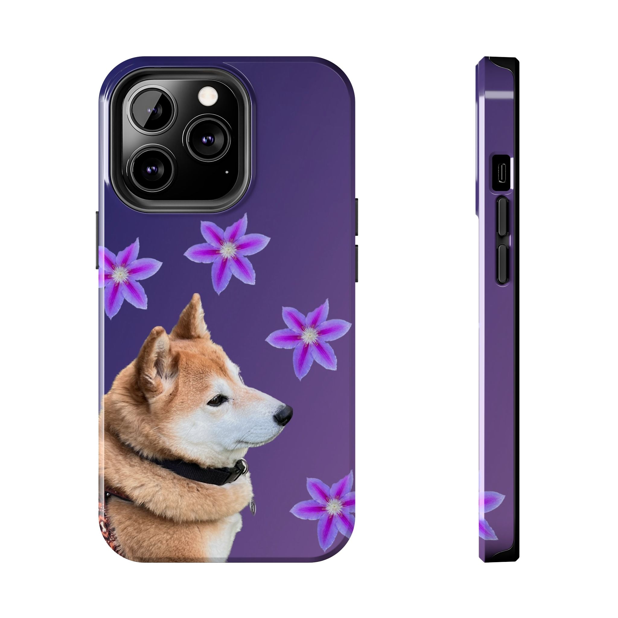 Shiba Inu Floral Tough Phone Case — Purple Dog Phone Cover with Pink Flowers