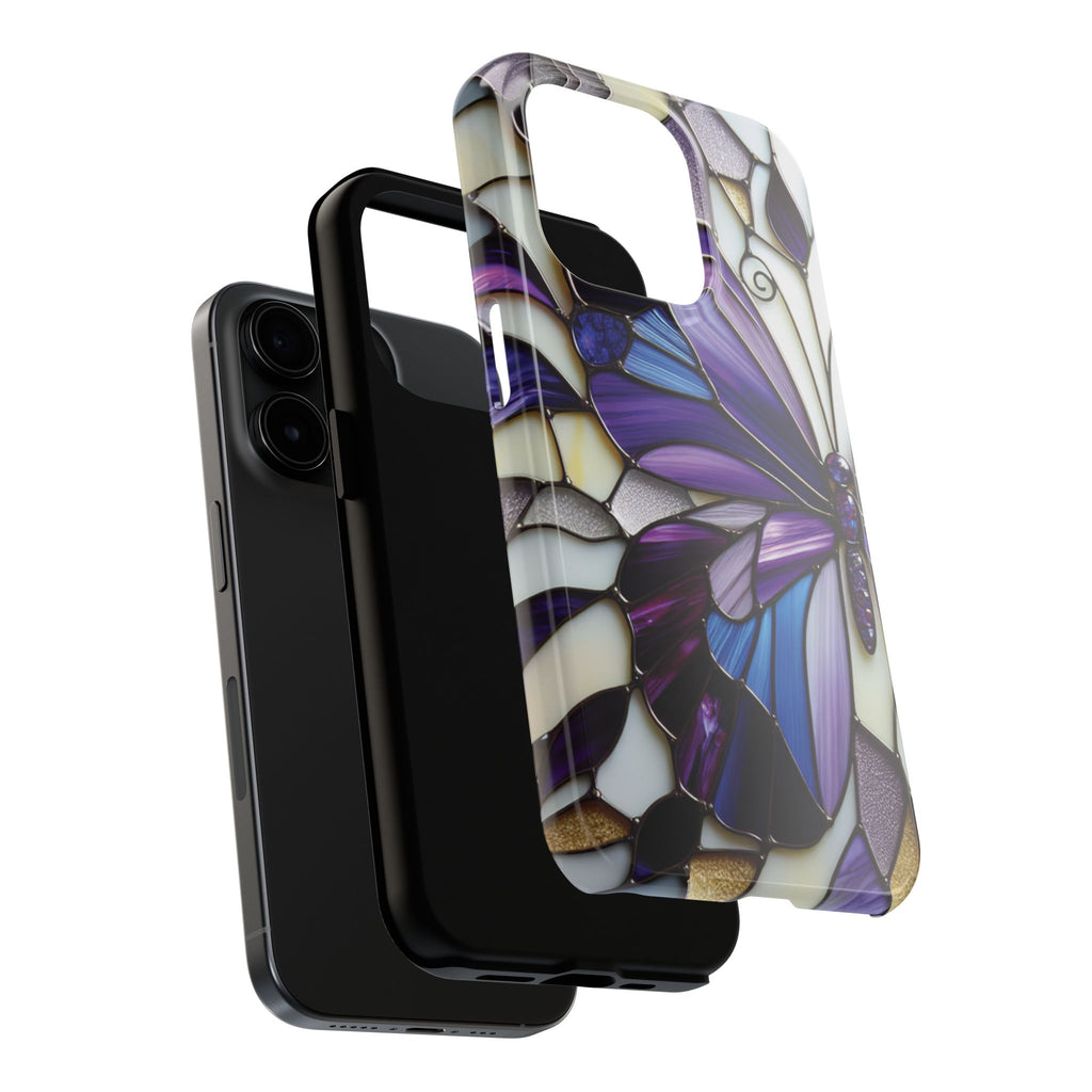 Purple Stained Glass Butterfly Tough Phone Case — Impact-Resistant Floral Phone Cover