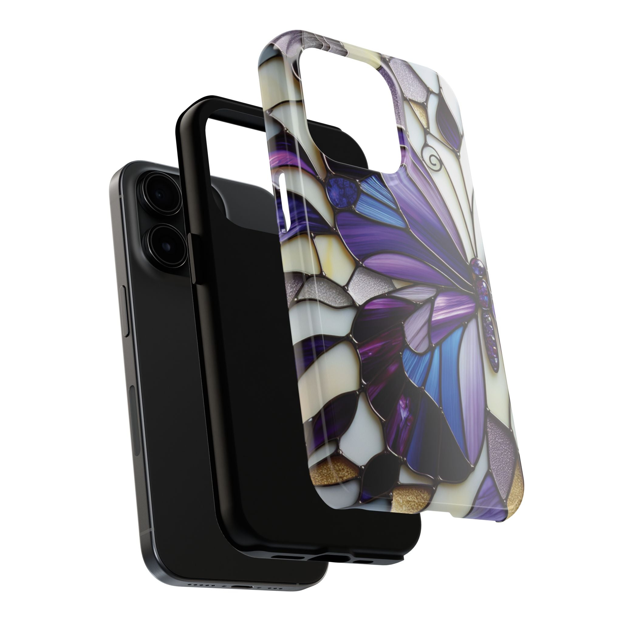 Purple Stained Glass Butterfly Tough Phone Case — Impact-Resistant Floral Phone Cover