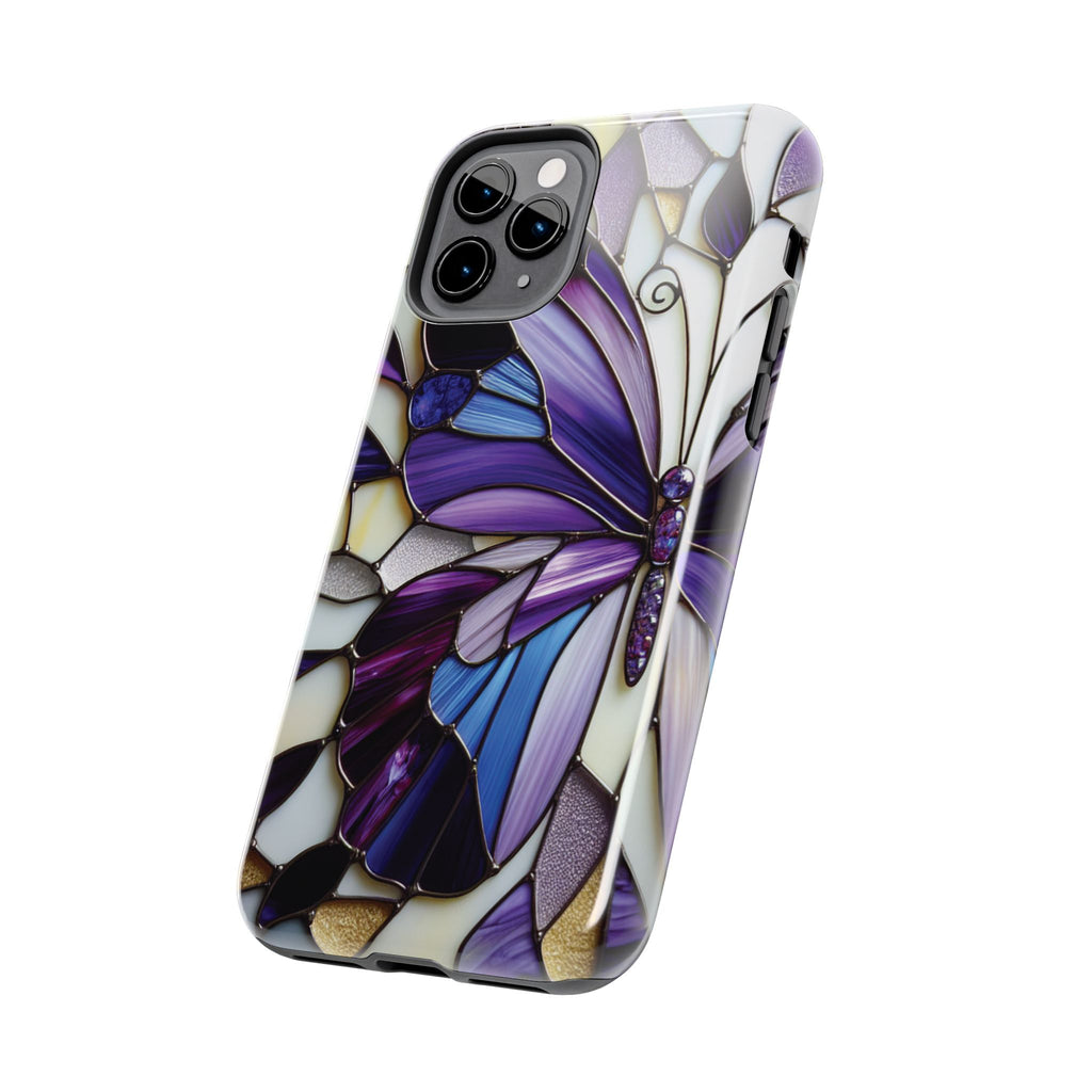 Purple Stained Glass Butterfly Tough Phone Case — Impact-Resistant Floral Phone Cover