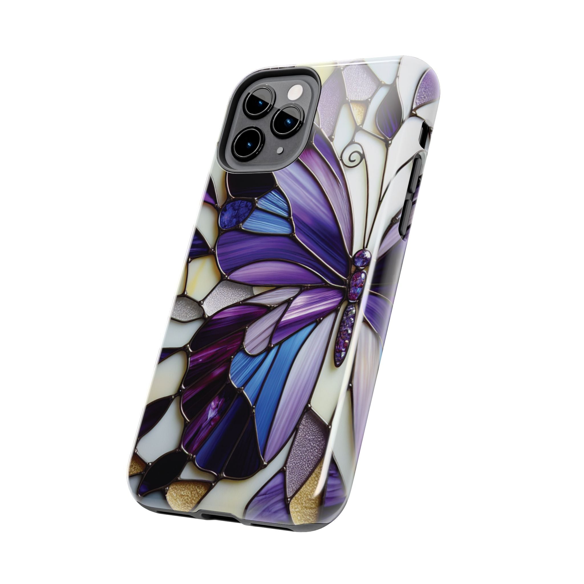 Purple Stained Glass Butterfly Tough Phone Case — Impact-Resistant Floral Phone Cover