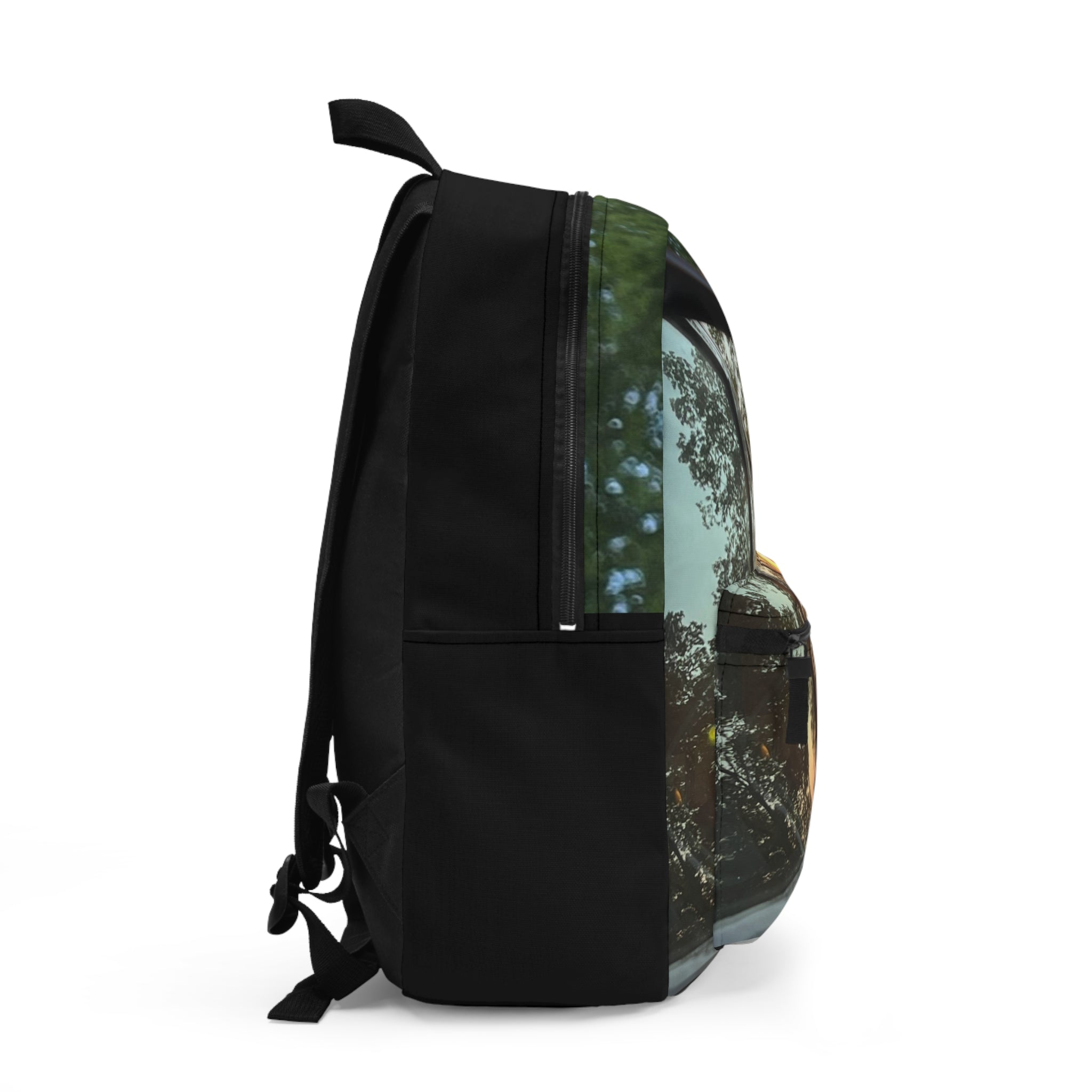 Sunset Rearview Backpack — Scenic Car Mirror Reflection Travel Bag