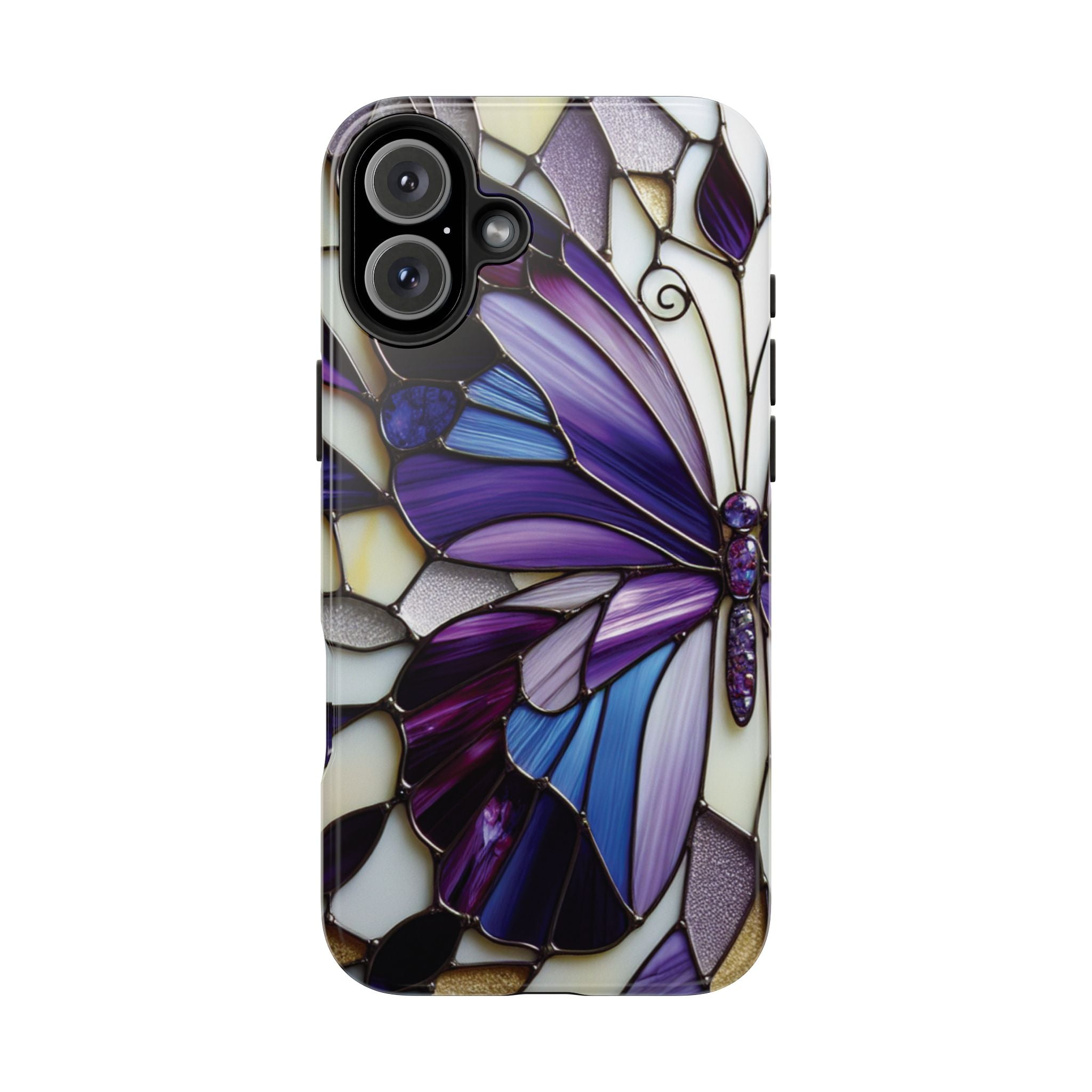 Purple Stained Glass Butterfly Tough Phone Case — Impact-Resistant Floral Phone Cover