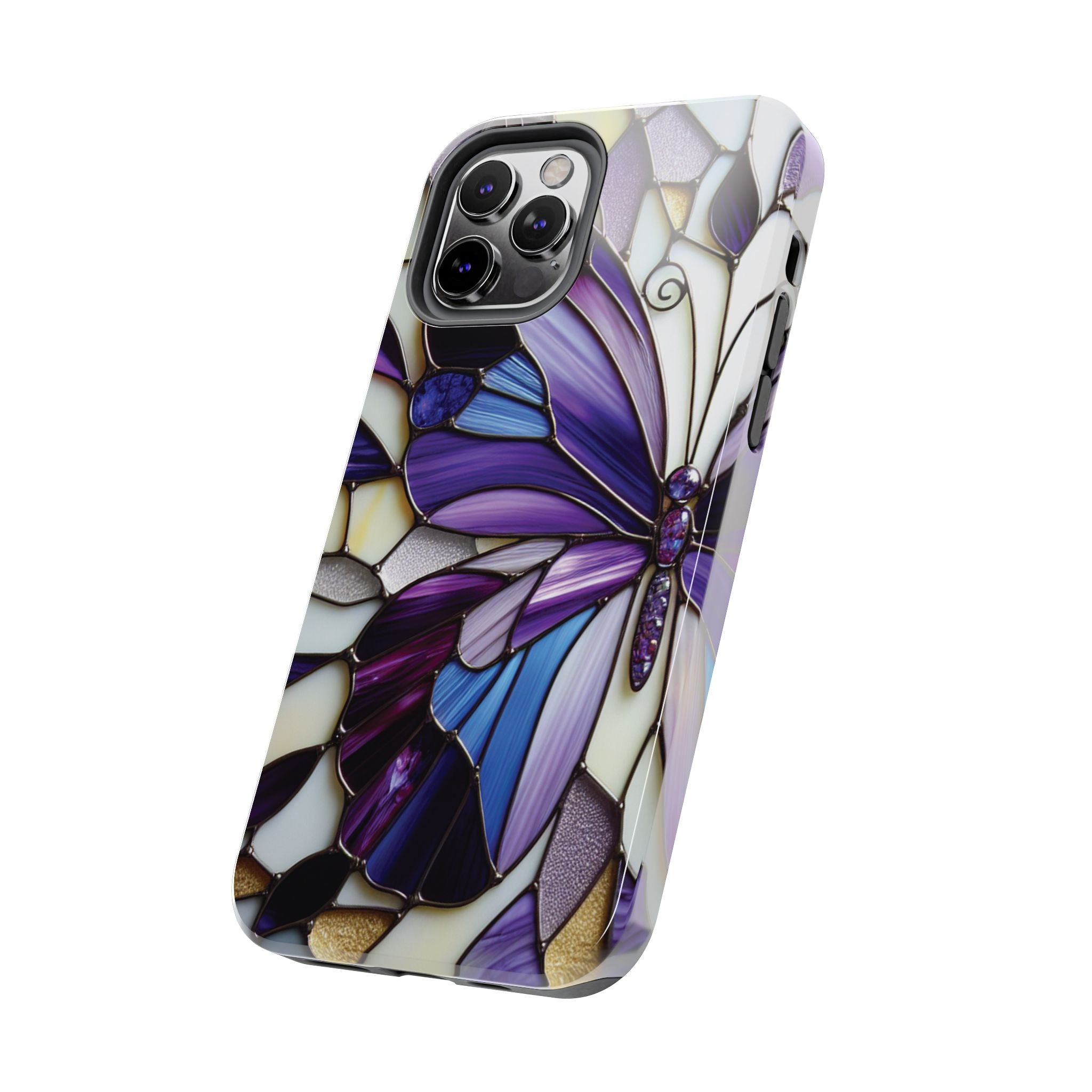 Purple Stained Glass Butterfly Tough Phone Case — Impact-Resistant Floral Phone Cover