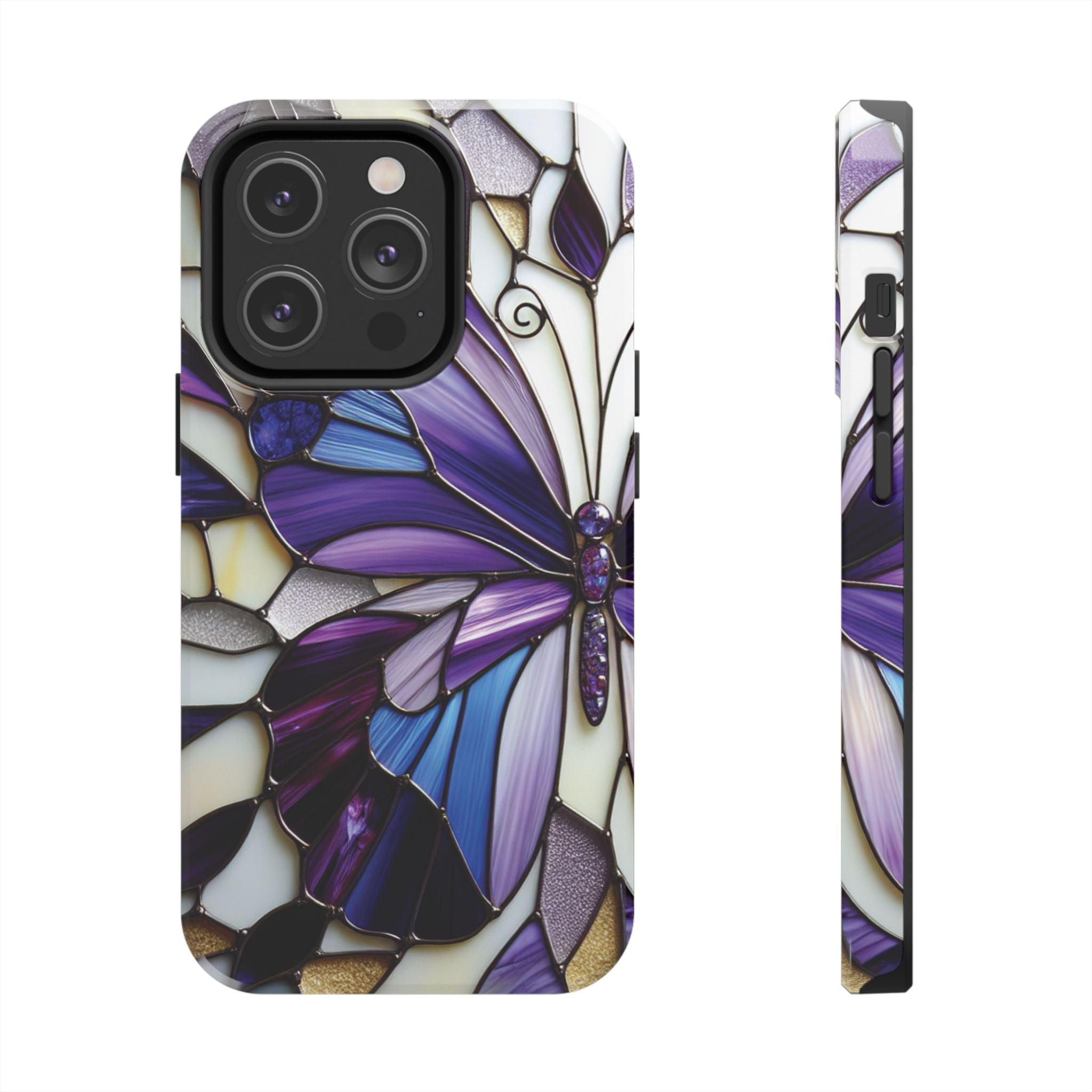 Purple Stained Glass Butterfly Tough Phone Case — Impact-Resistant Floral Phone Cover