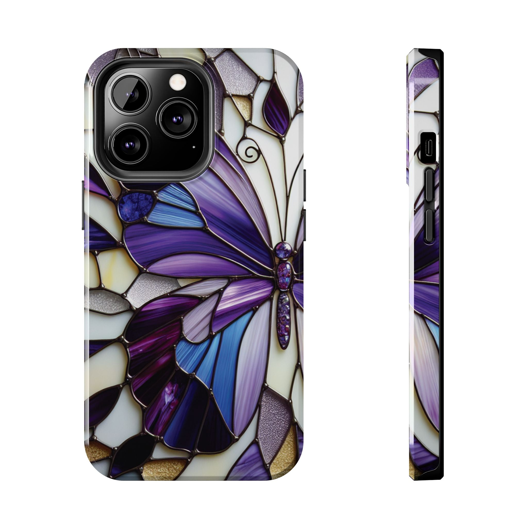 Purple Stained Glass Butterfly Tough Phone Case — Impact-Resistant Floral Phone Cover