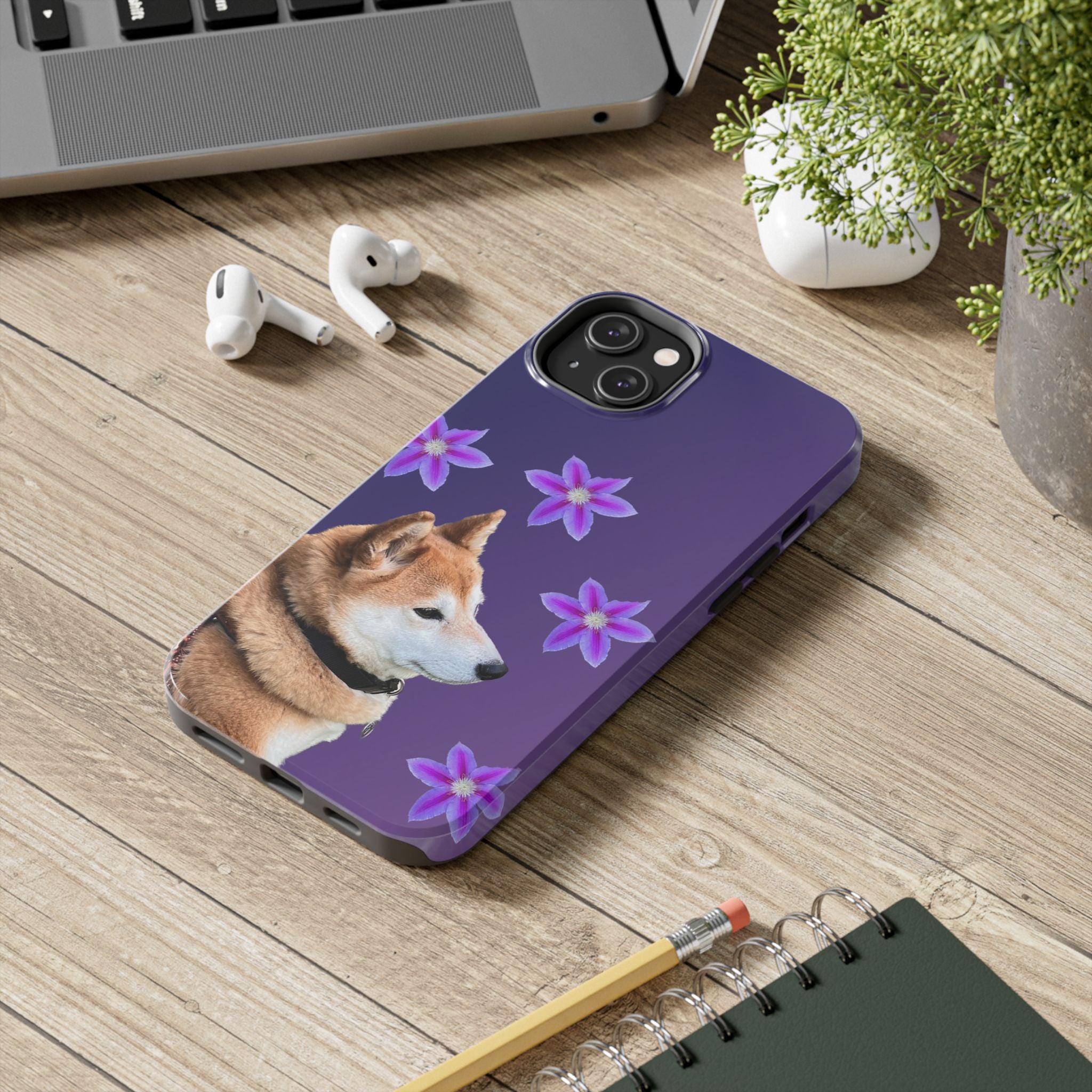 Shiba Inu Floral Tough Phone Case — Purple Dog Phone Cover with Pink Flowers