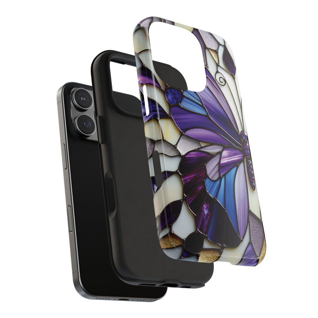 Purple Stained Glass Butterfly Tough Phone Case — Impact-Resistant Floral Phone Cover