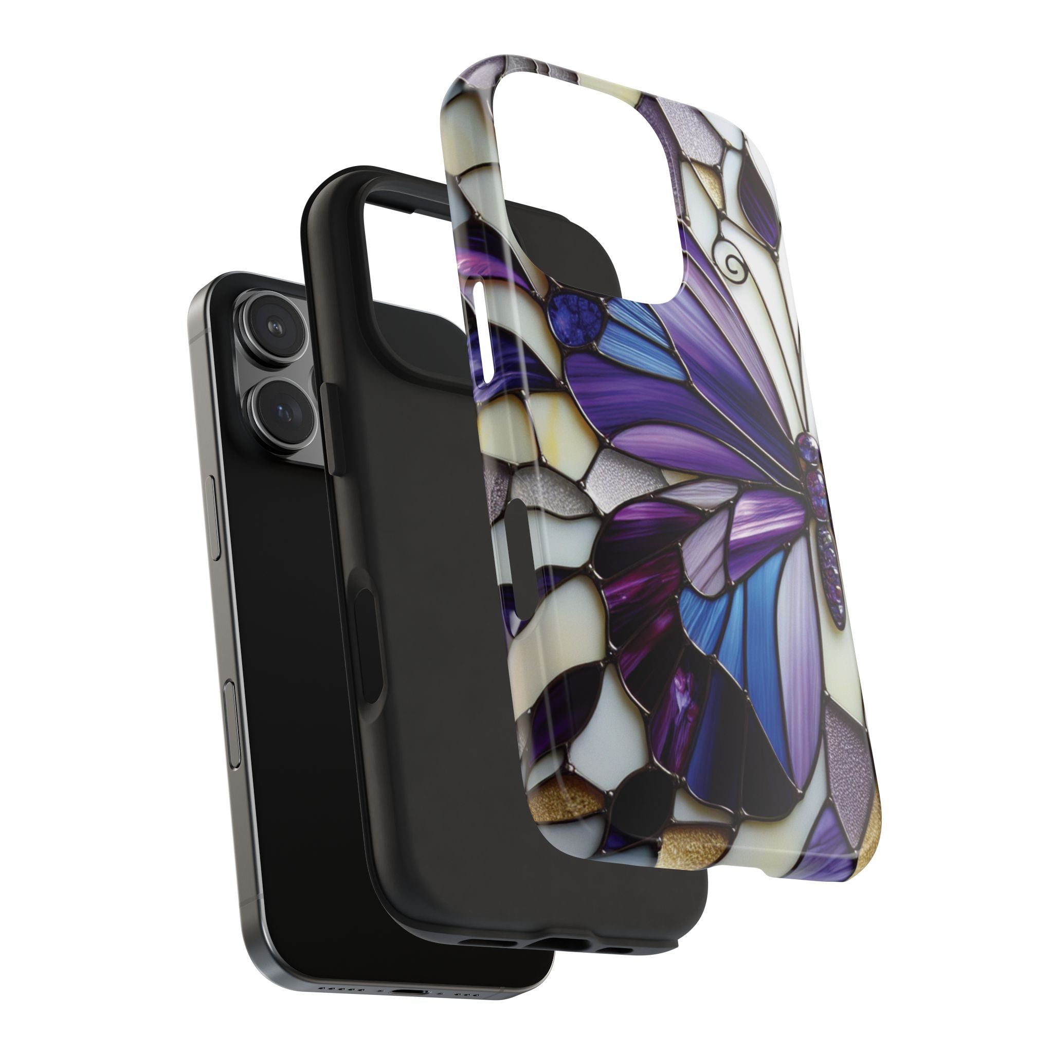 Purple Stained Glass Butterfly Tough Phone Case — Impact-Resistant Floral Phone Cover
