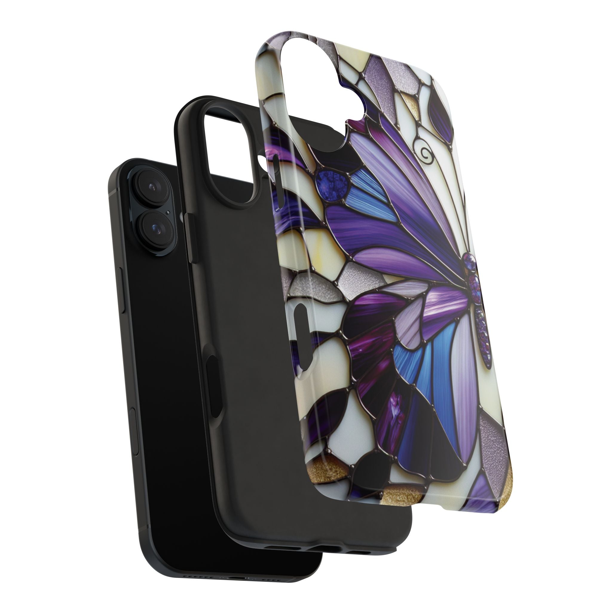Purple Stained Glass Butterfly Tough Phone Case — Impact-Resistant Floral Phone Cover
