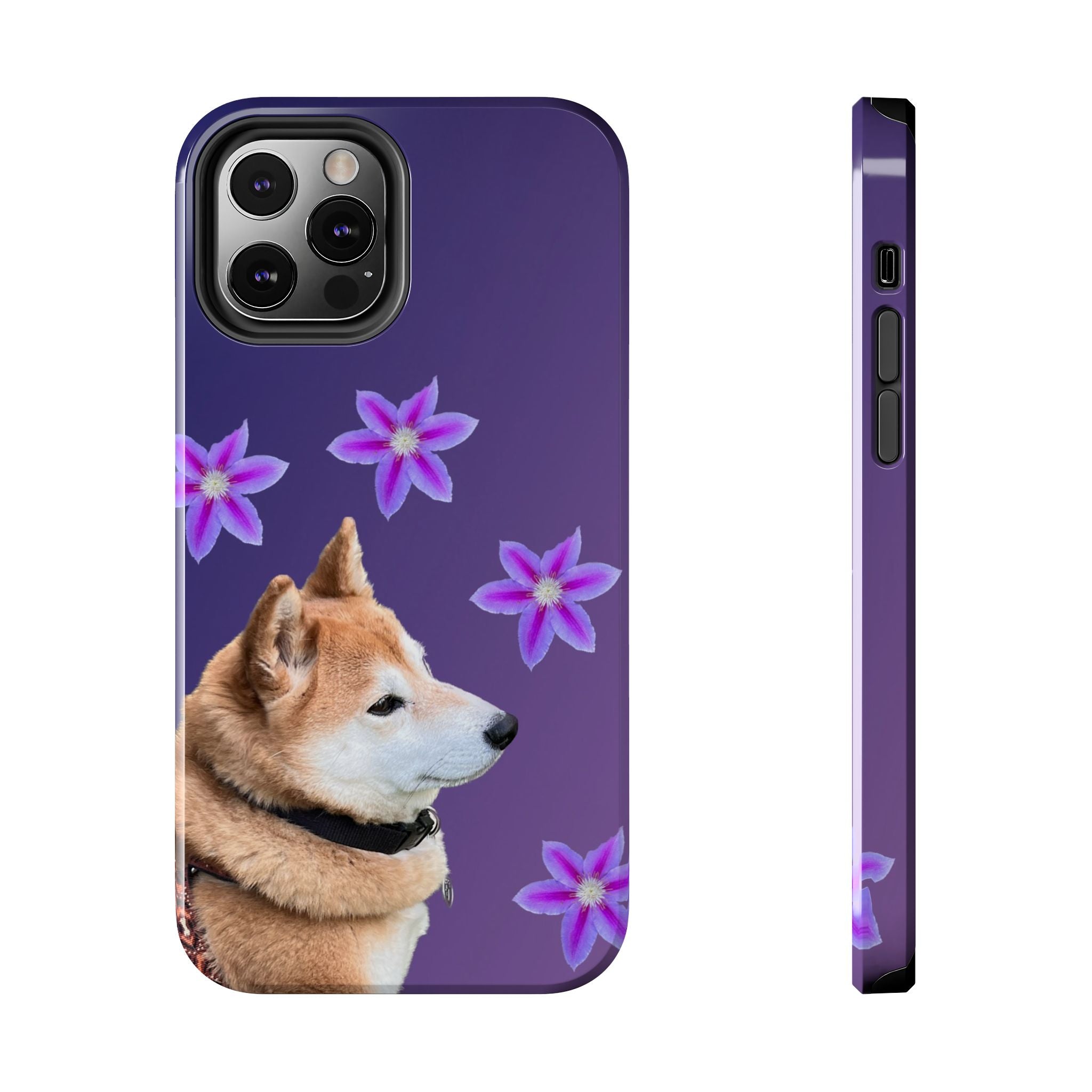 Shiba Inu Floral Tough Phone Case — Purple Dog Phone Cover with Pink Flowers