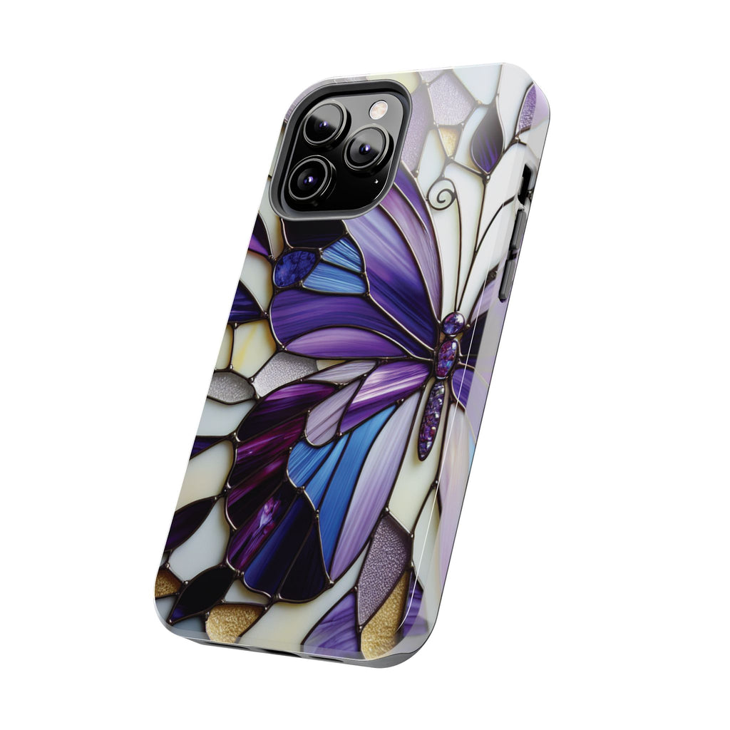 Purple Stained Glass Butterfly Tough Phone Case — Impact-Resistant Floral Phone Cover