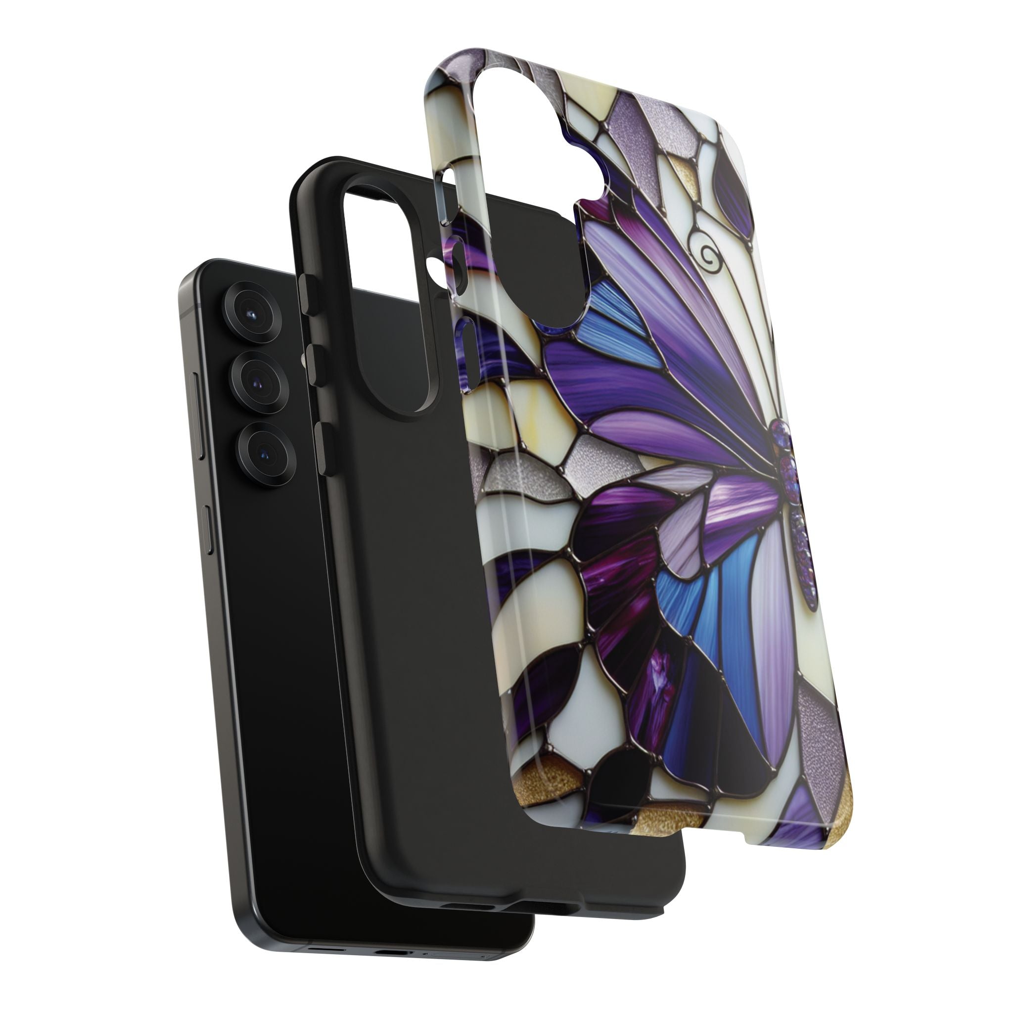 Purple Stained Glass Butterfly Tough Phone Case — Impact-Resistant Floral Phone Cover