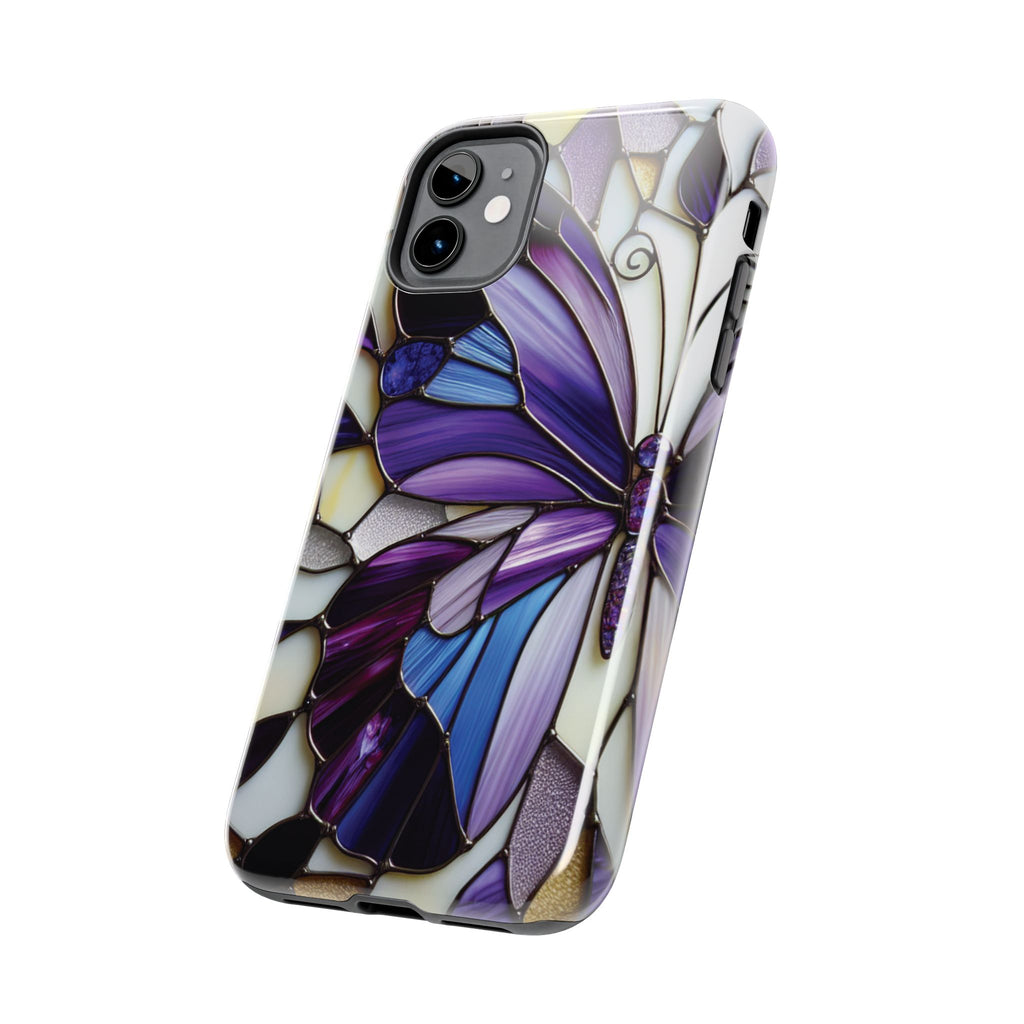 Purple Stained Glass Butterfly Tough Phone Case — Impact-Resistant Floral Phone Cover