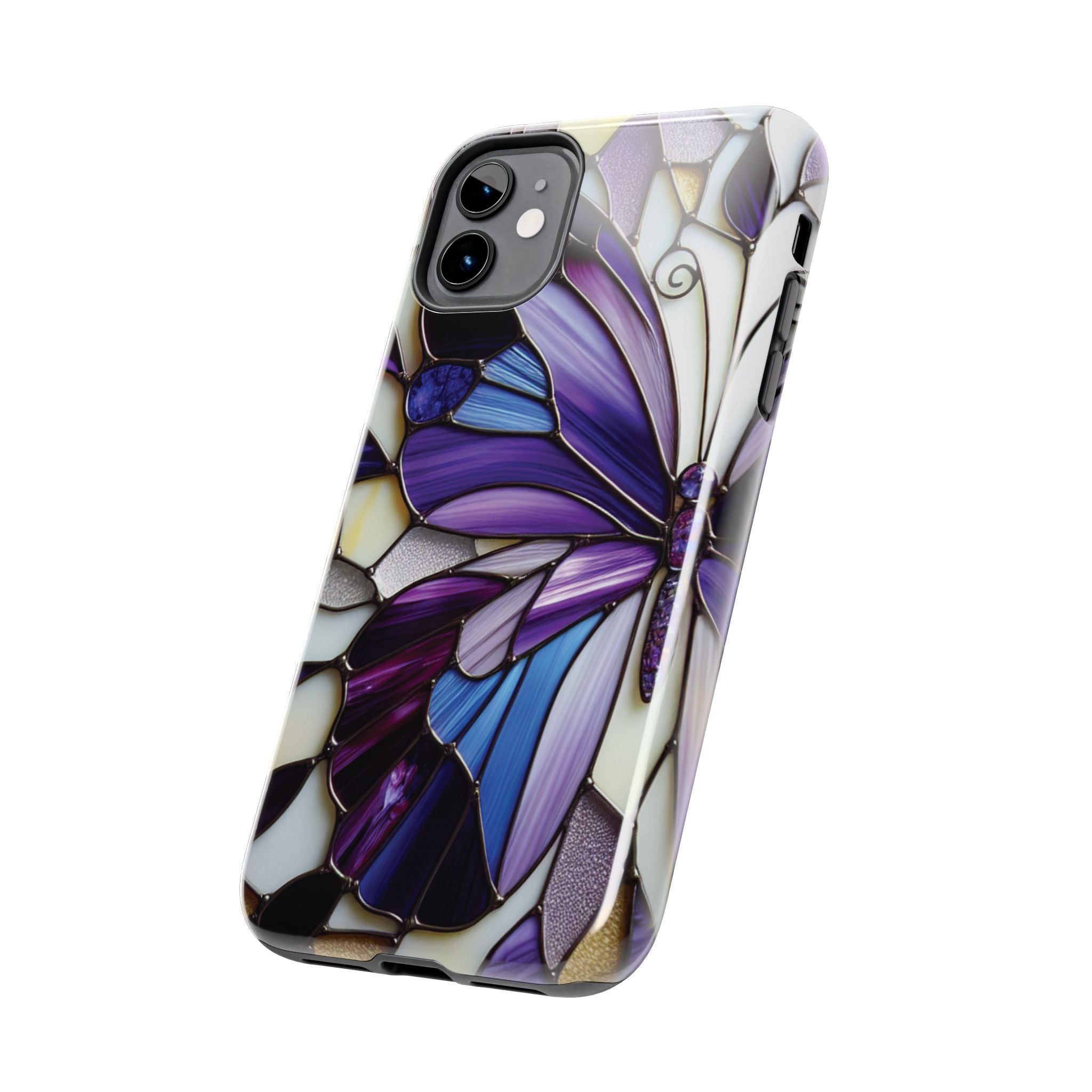 Purple Stained Glass Butterfly Tough Phone Case — Impact-Resistant Floral Phone Cover