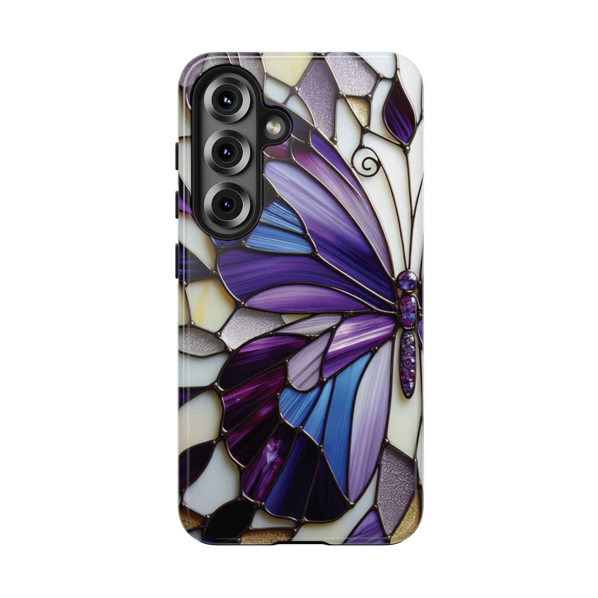 Purple Stained Glass Butterfly Tough Phone Case — Impact-Resistant Floral Phone Cover