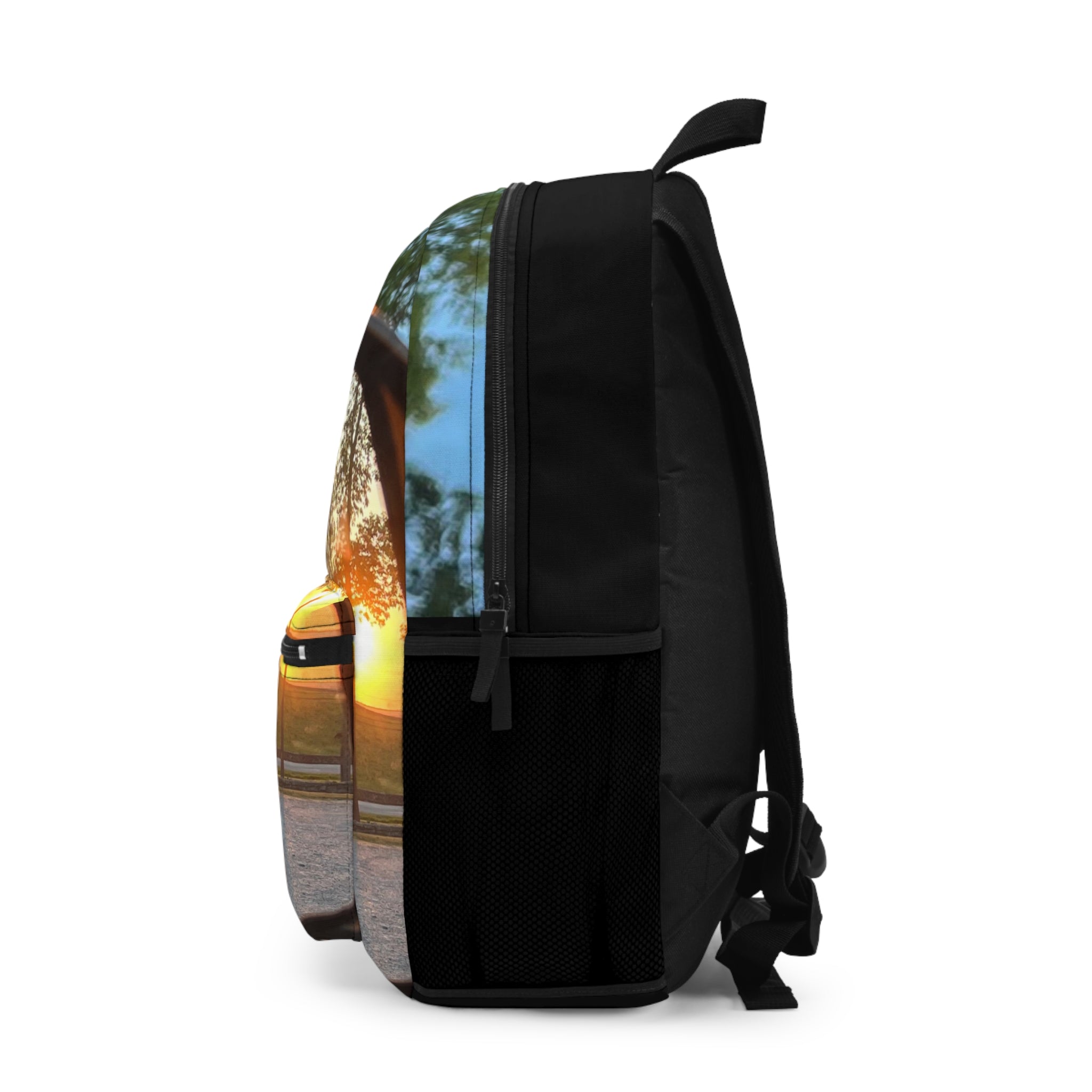 Sunset Rearview Backpack — Scenic Car Mirror Reflection Travel Bag